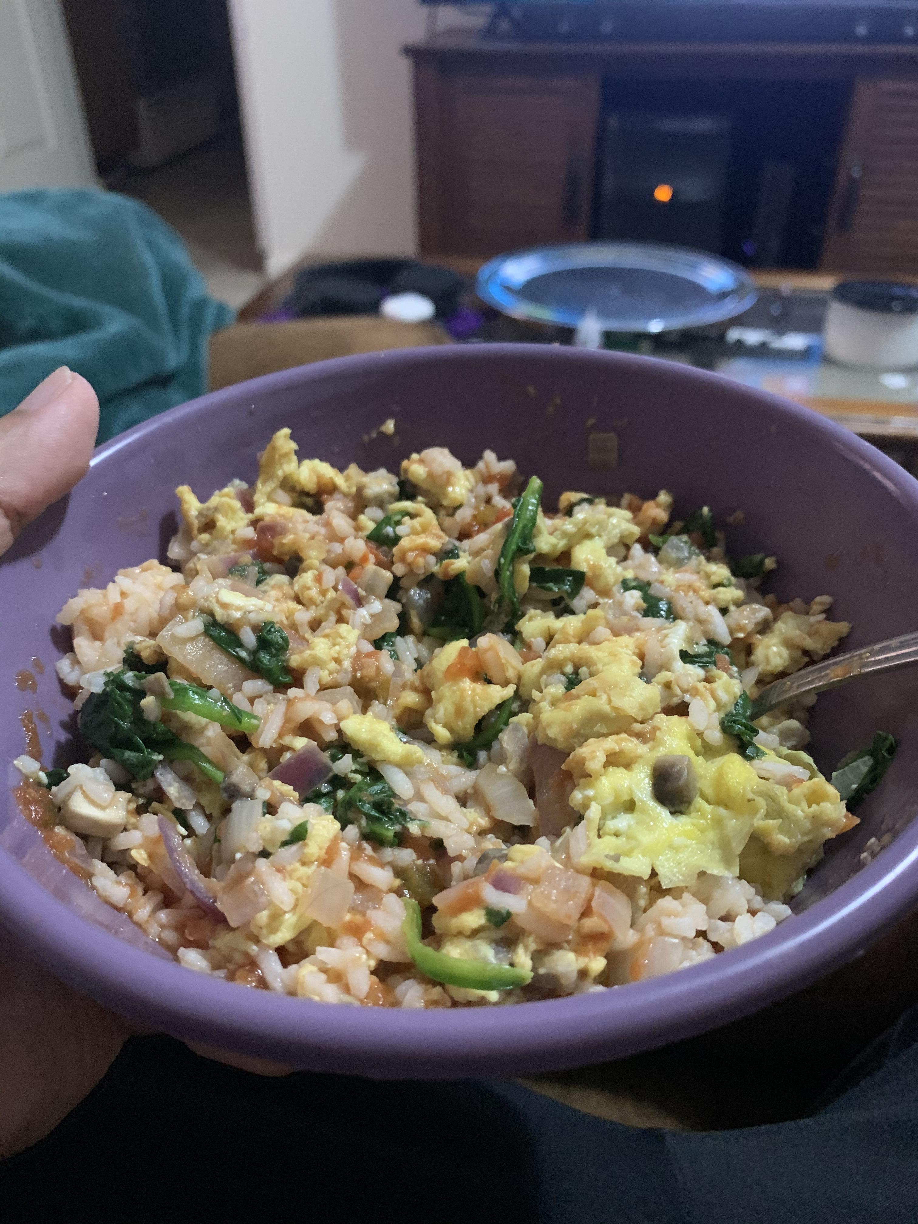 Not the prettiest meal but 3 eggs, 1 cup cooked rice, 2 cups spinach, 4