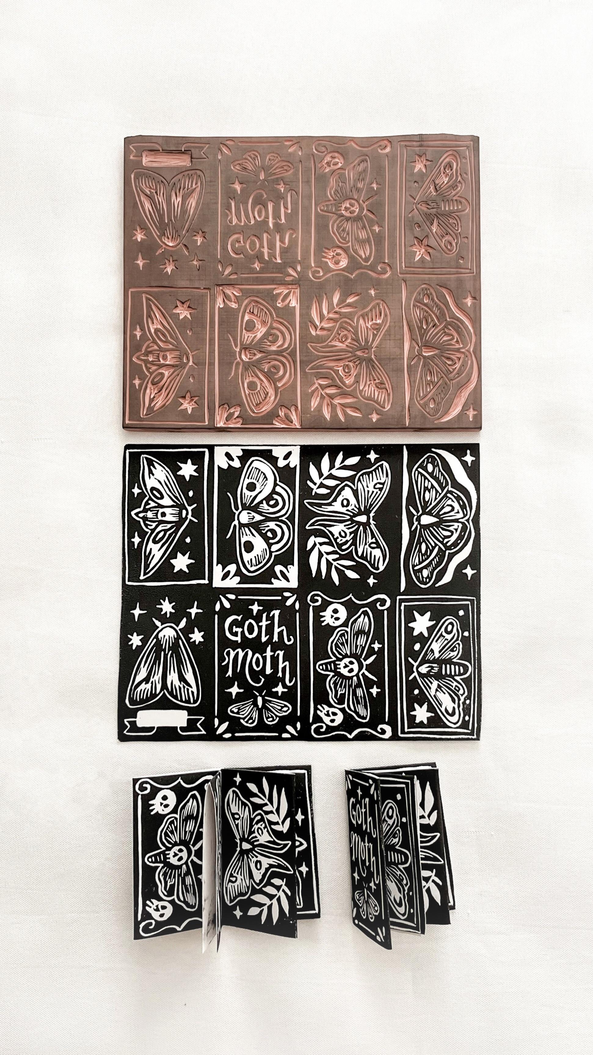 Made a tiny hand carved & hand printed linocut zine of Goth Moths 🖤 r