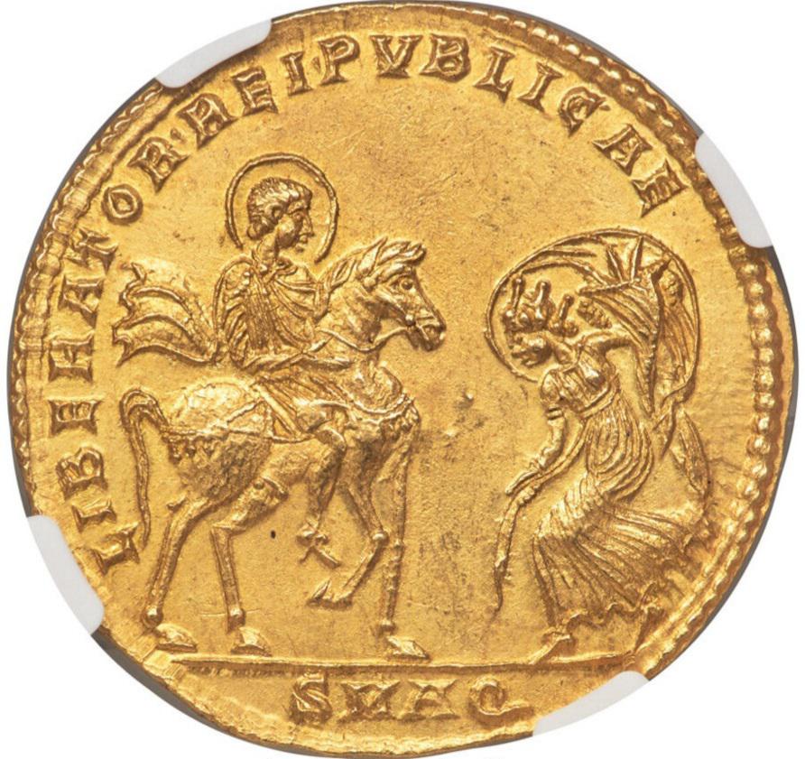 Liberator Rei Publicae obverse of a medallion depicting usurper