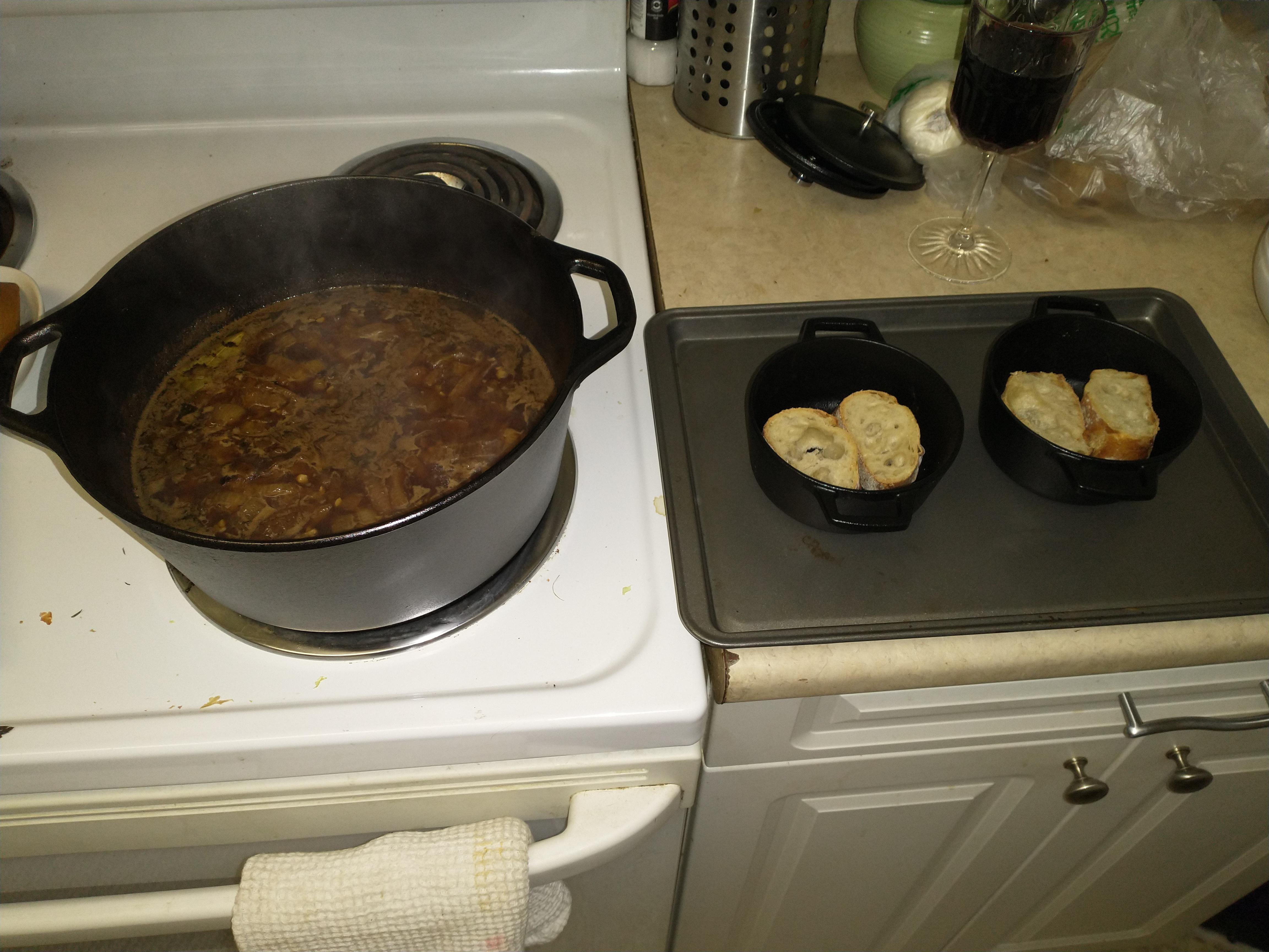 Breaking in my new dutch oven with some french onion soup which broils