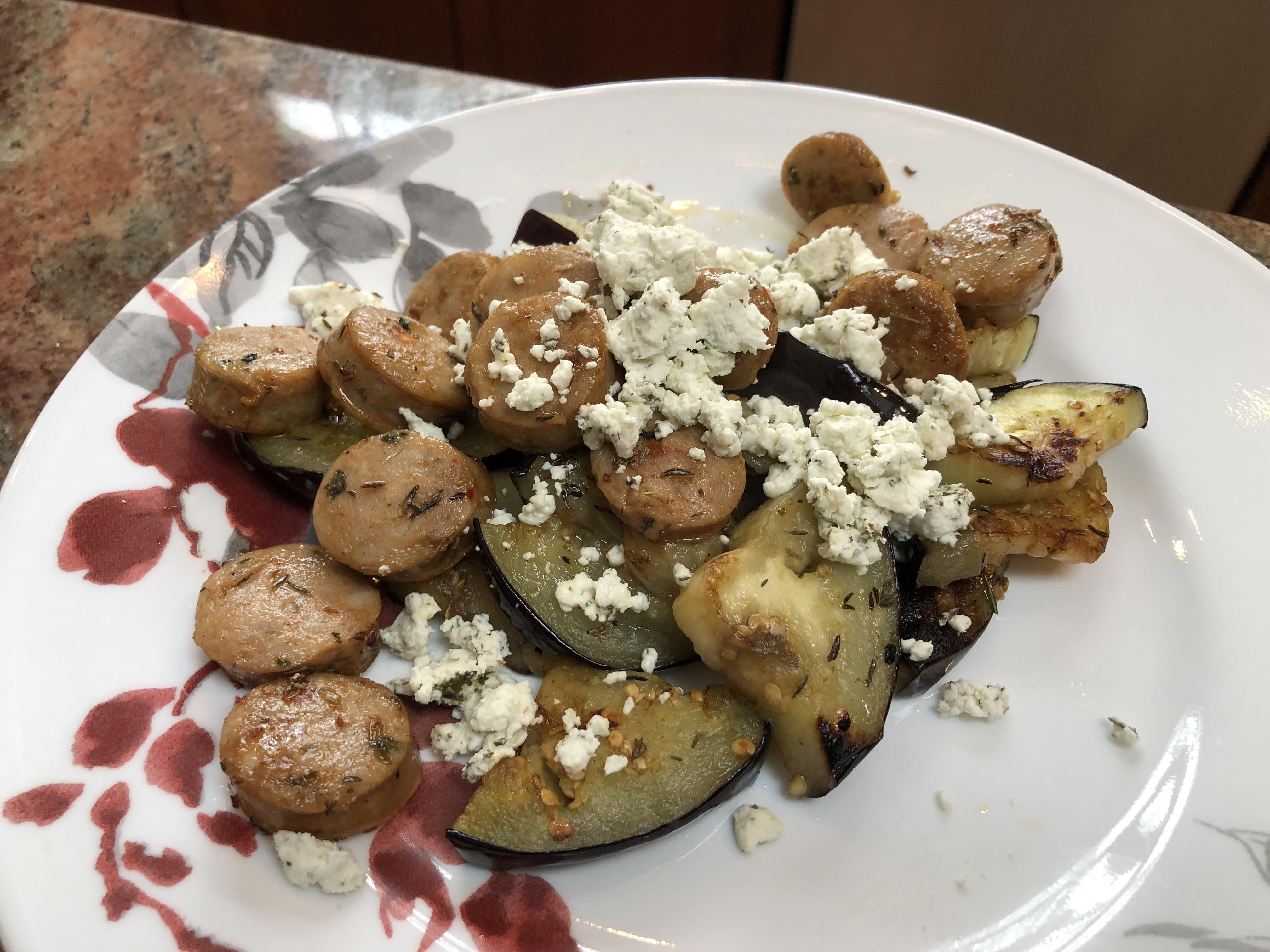 Glazed Chicken Sausage with Eggplant and Herbed Goat Cheese for 430