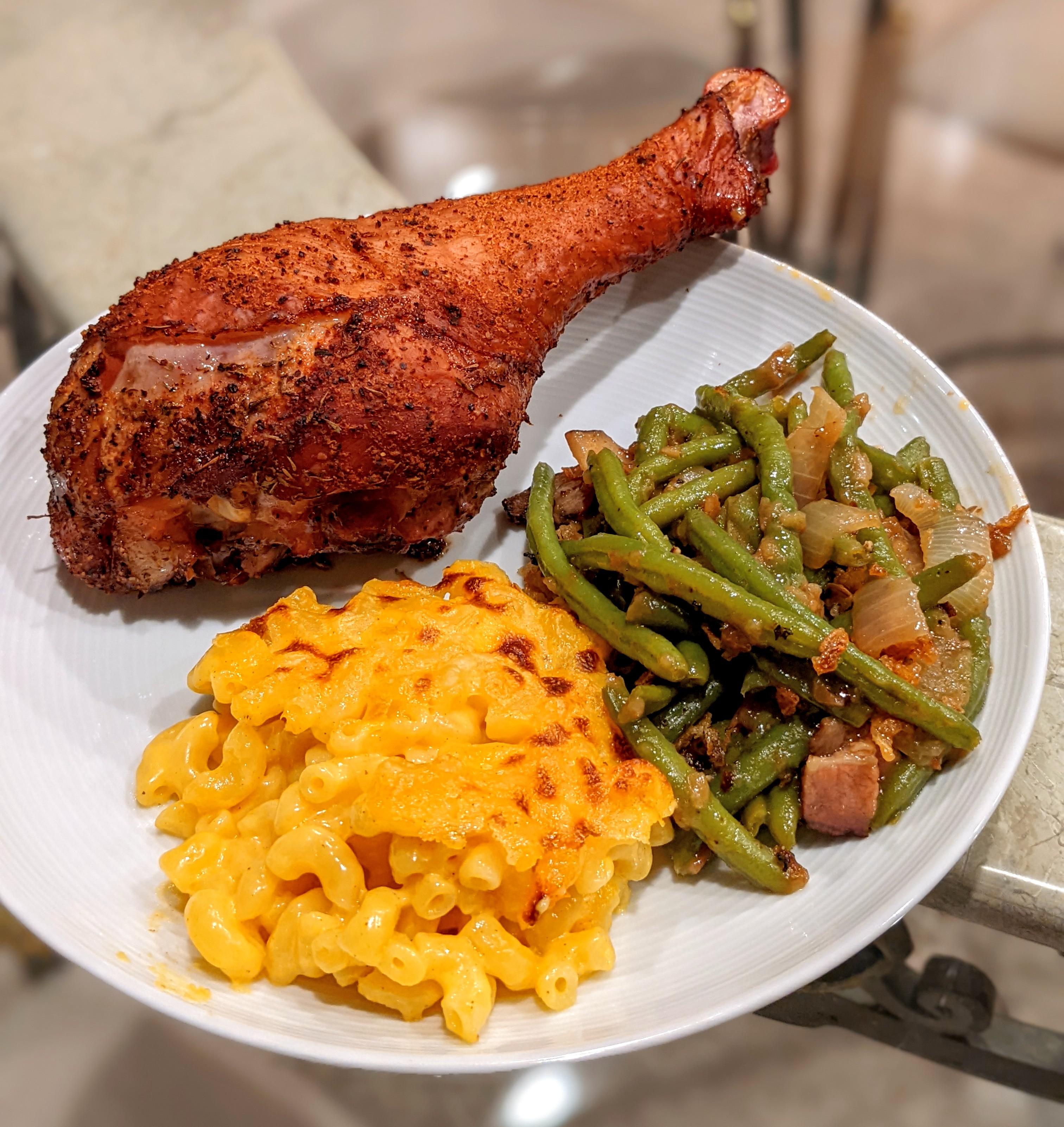 [homemade] smoked turkey leg, mac and cheese, green bean casserole r/food