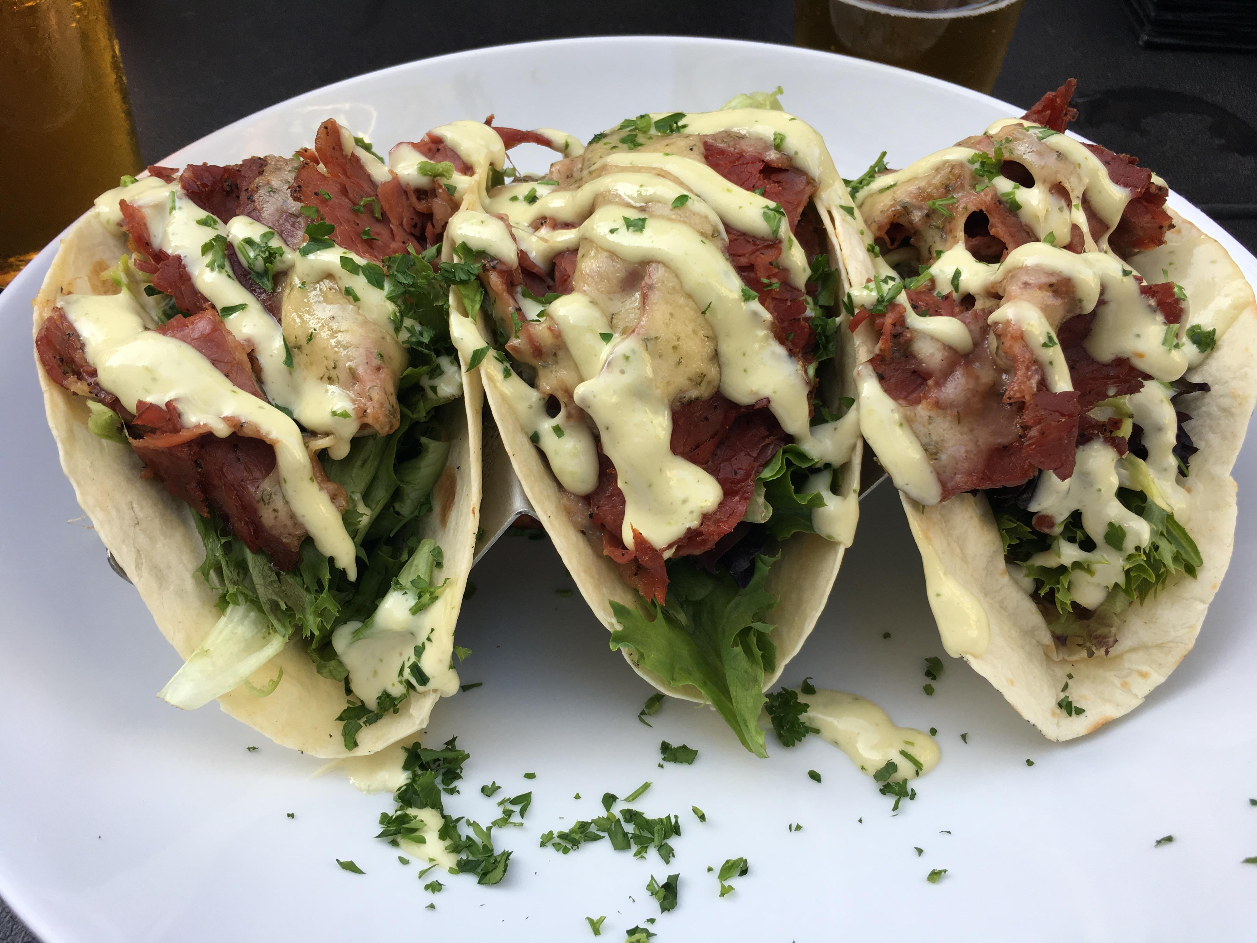 [I ate] Beerbraised Pastrami tacos with brussels sprouts slaw, Havarti