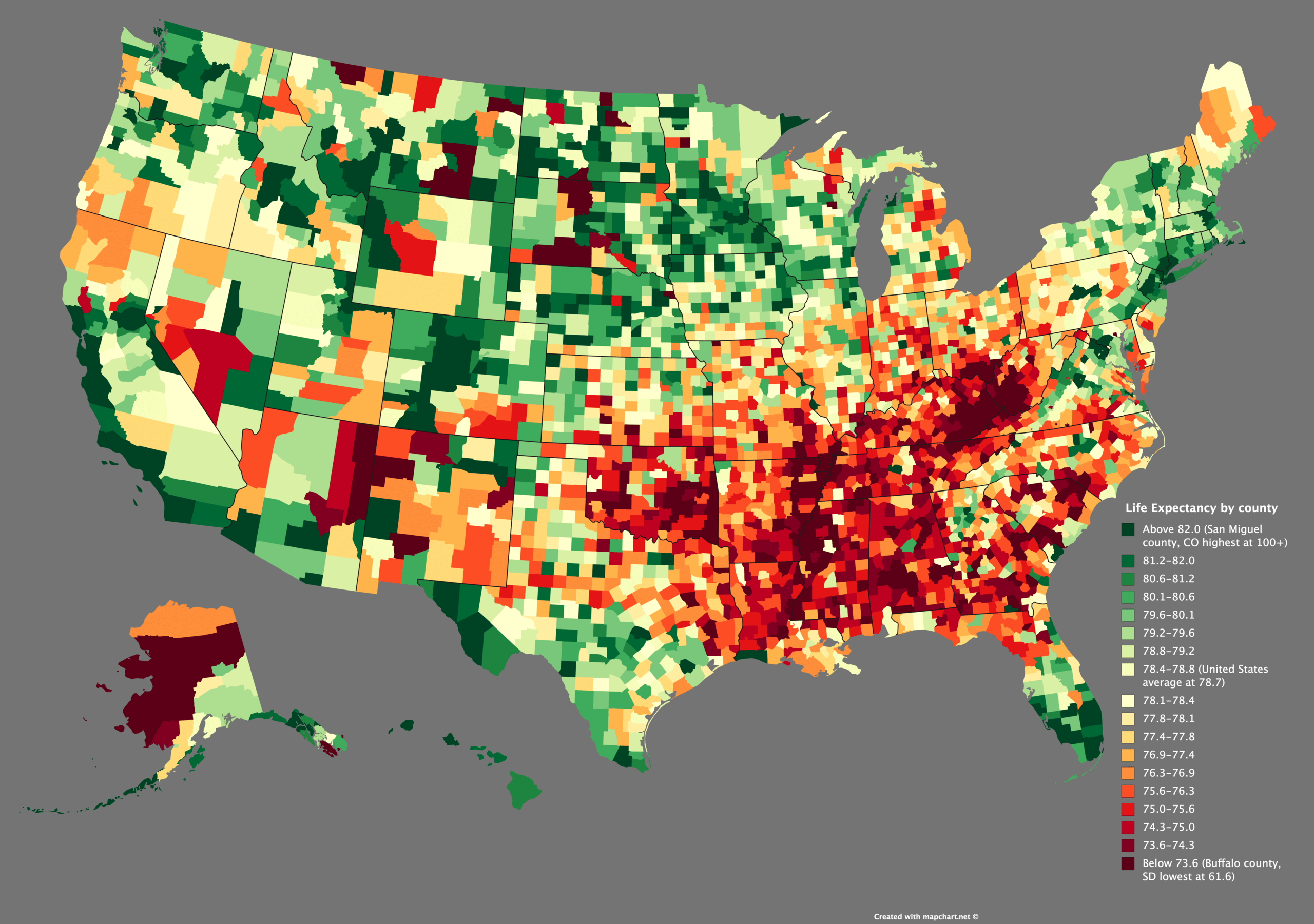 Life Expectancy by county in 2018 (excluding counties in the U.S