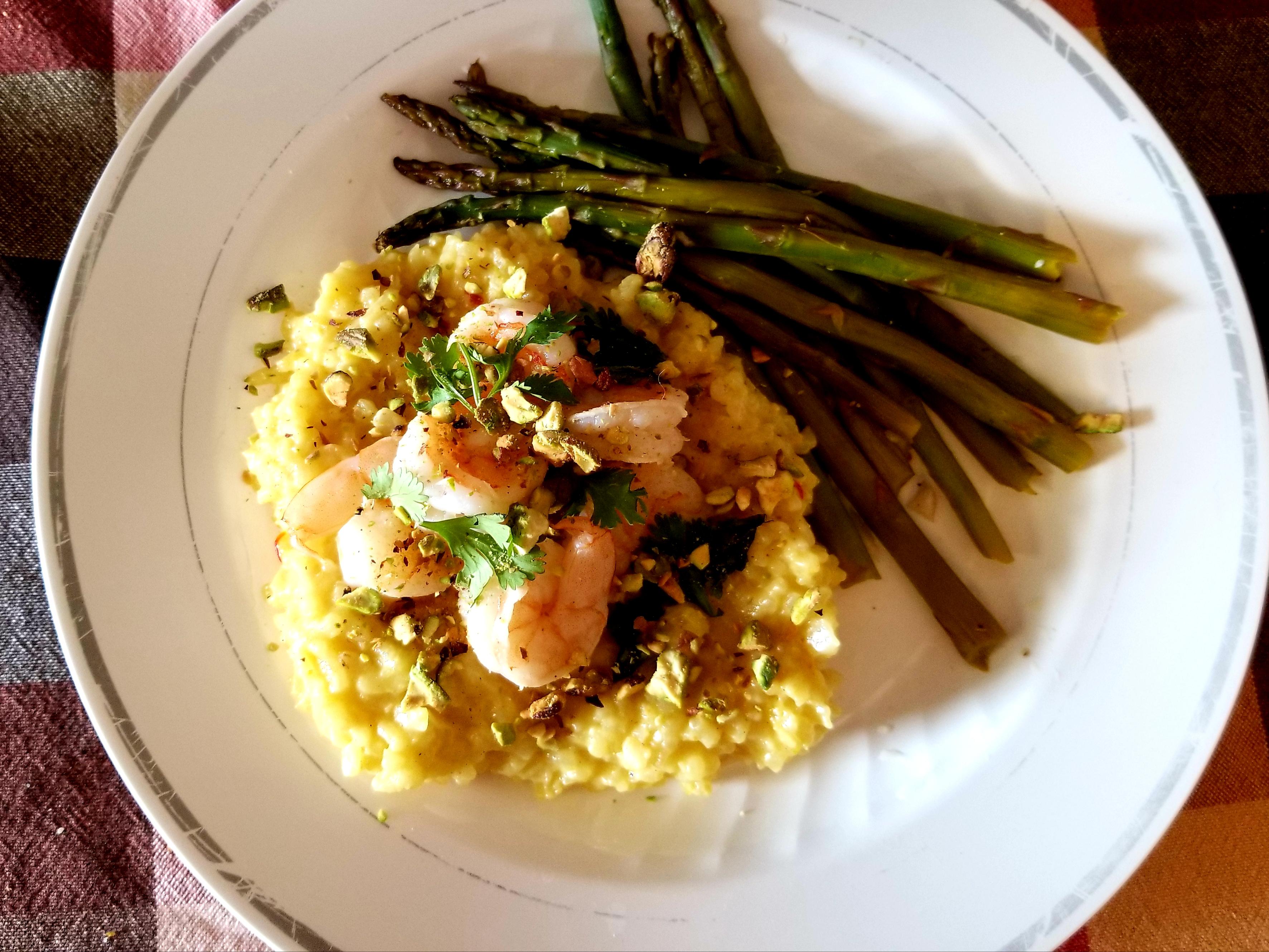 Saffron risotto (alla milanese), lemon garlic shrimp, asparagus, and