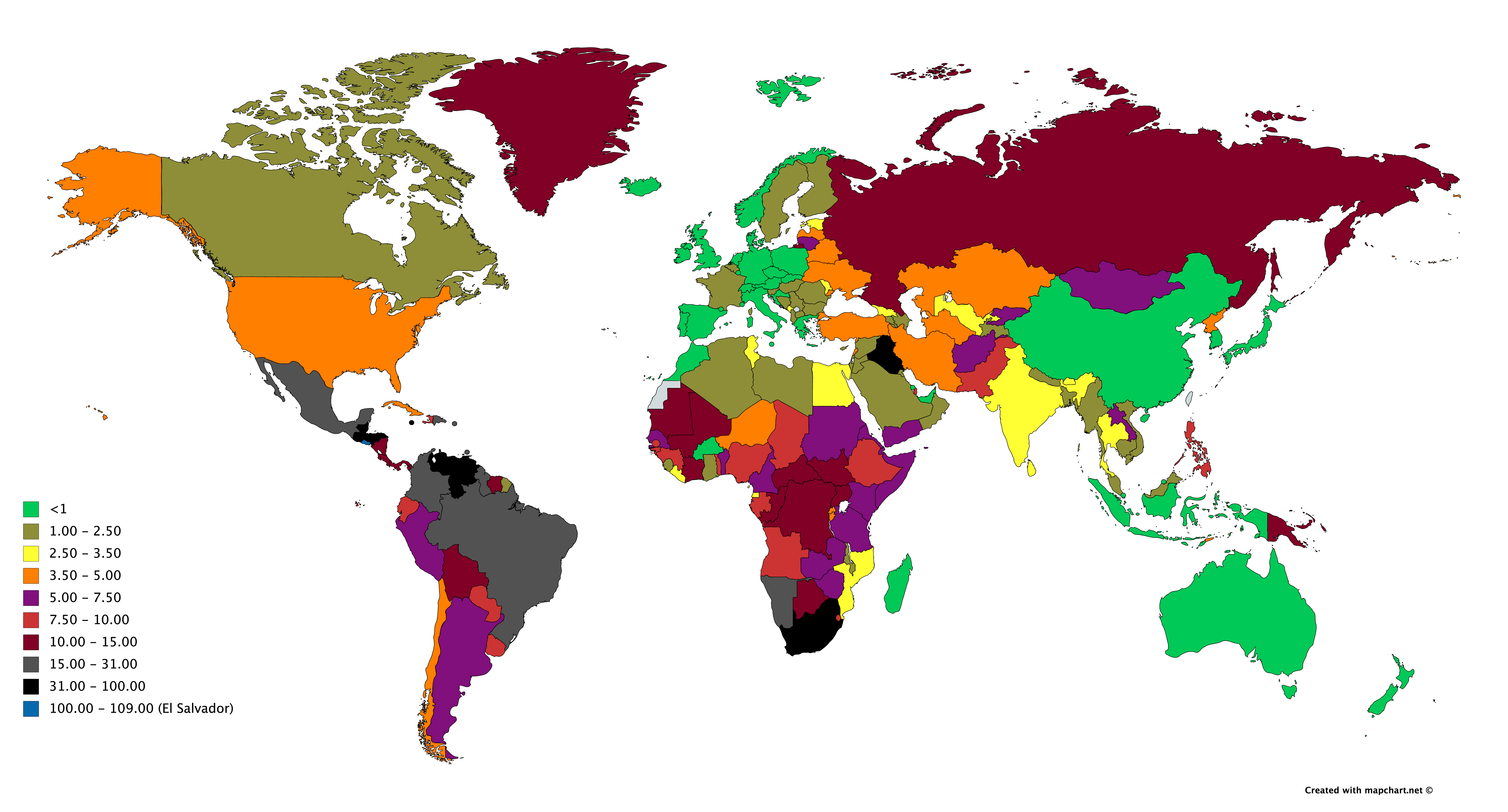 Homicide rate around the world per 10,000 people [6460x3480] r/MapPorn