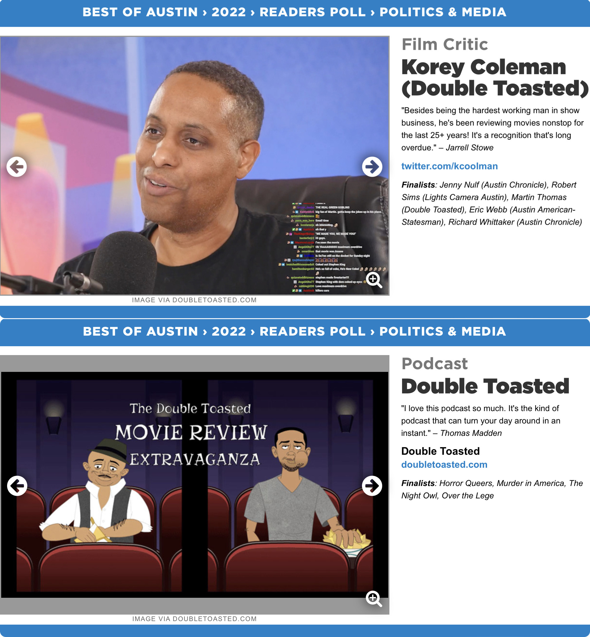 Korey and Double Toasted are awarded Best Film Critic and Best Podcast