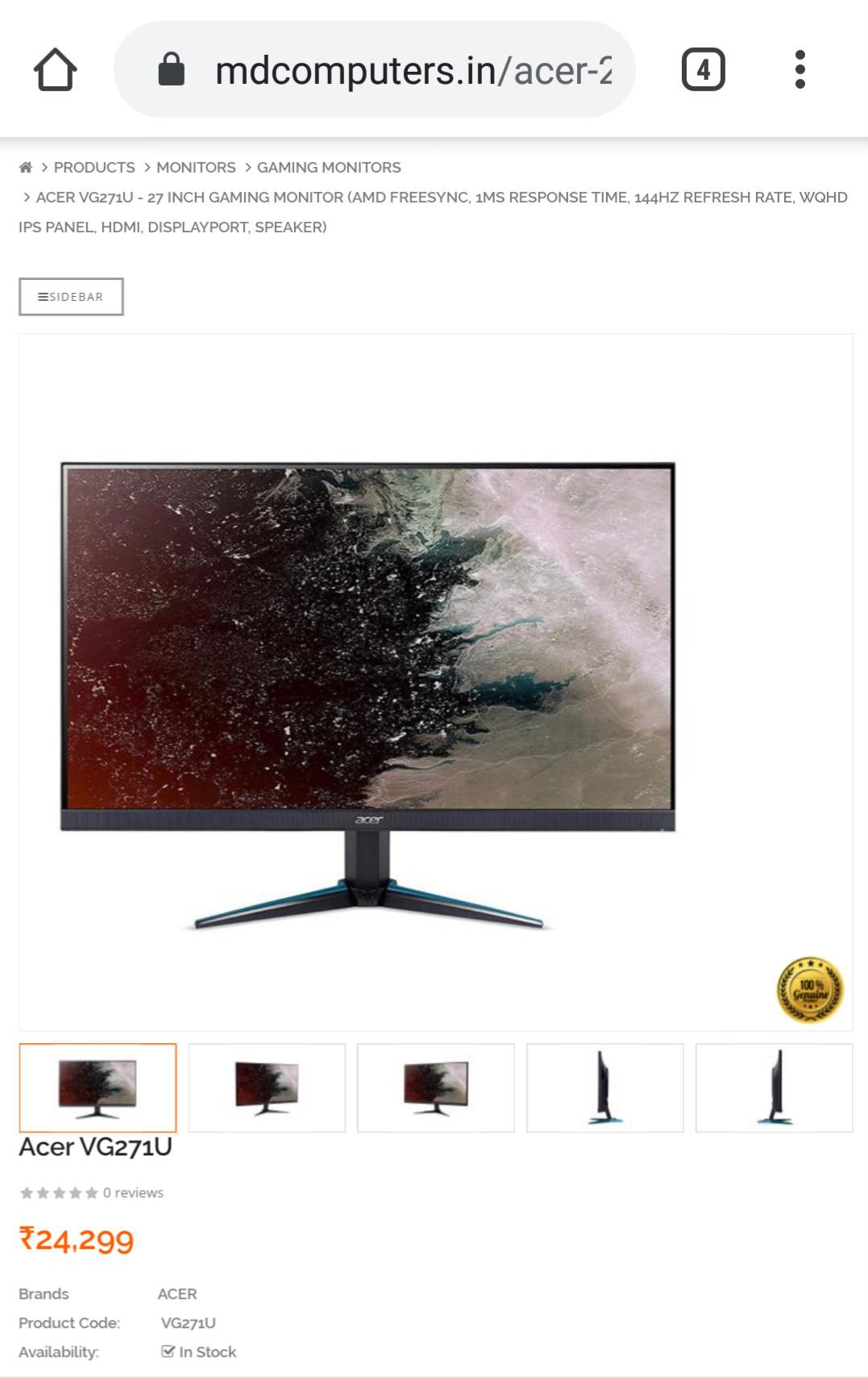 Acer VG271U available on mdcomputers for ₹24,300 : r/IndianGaming