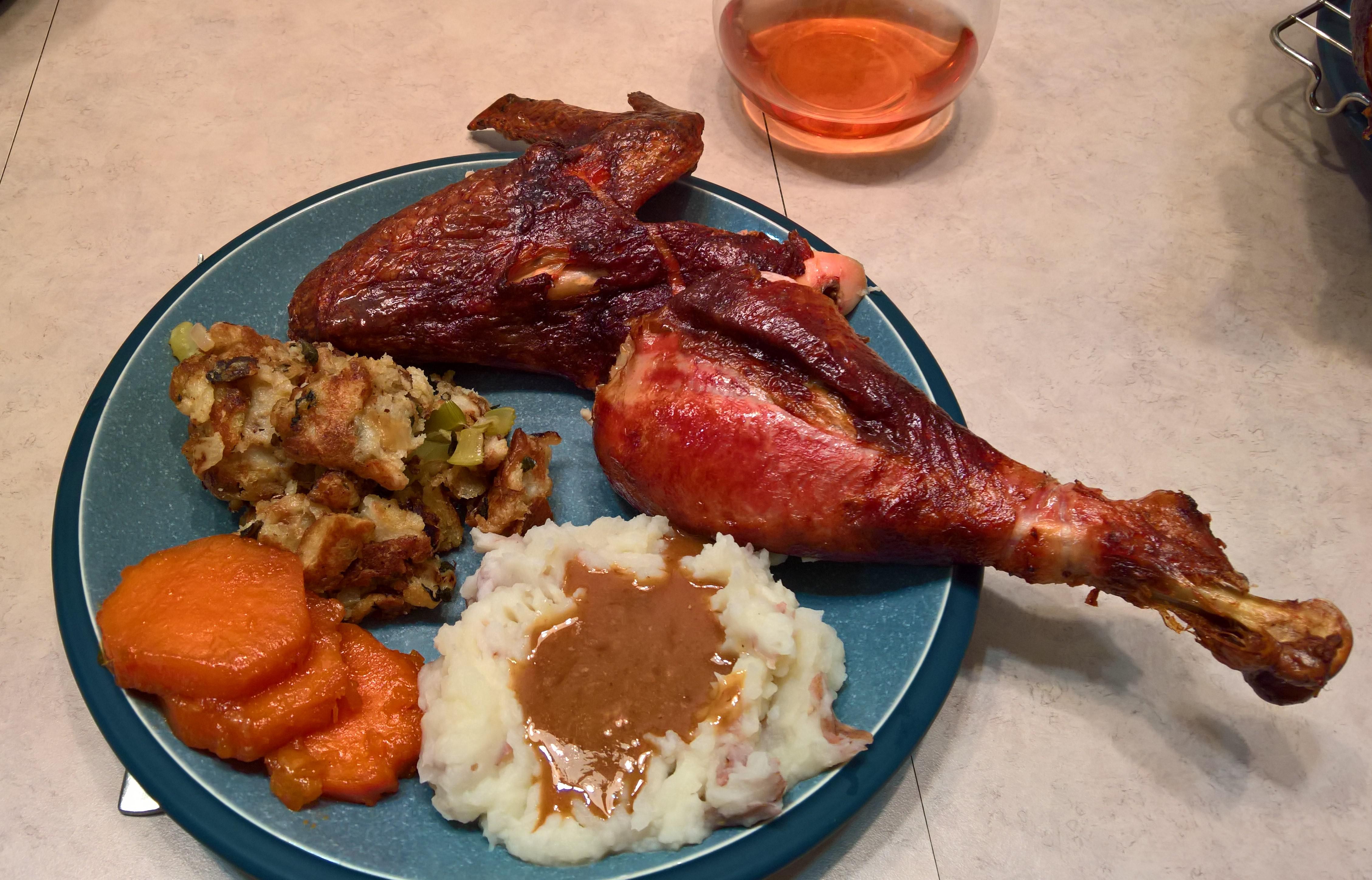 [Homemade] Plate of Rotisserie Turkey (Wing and Drumstick), Cast Iron