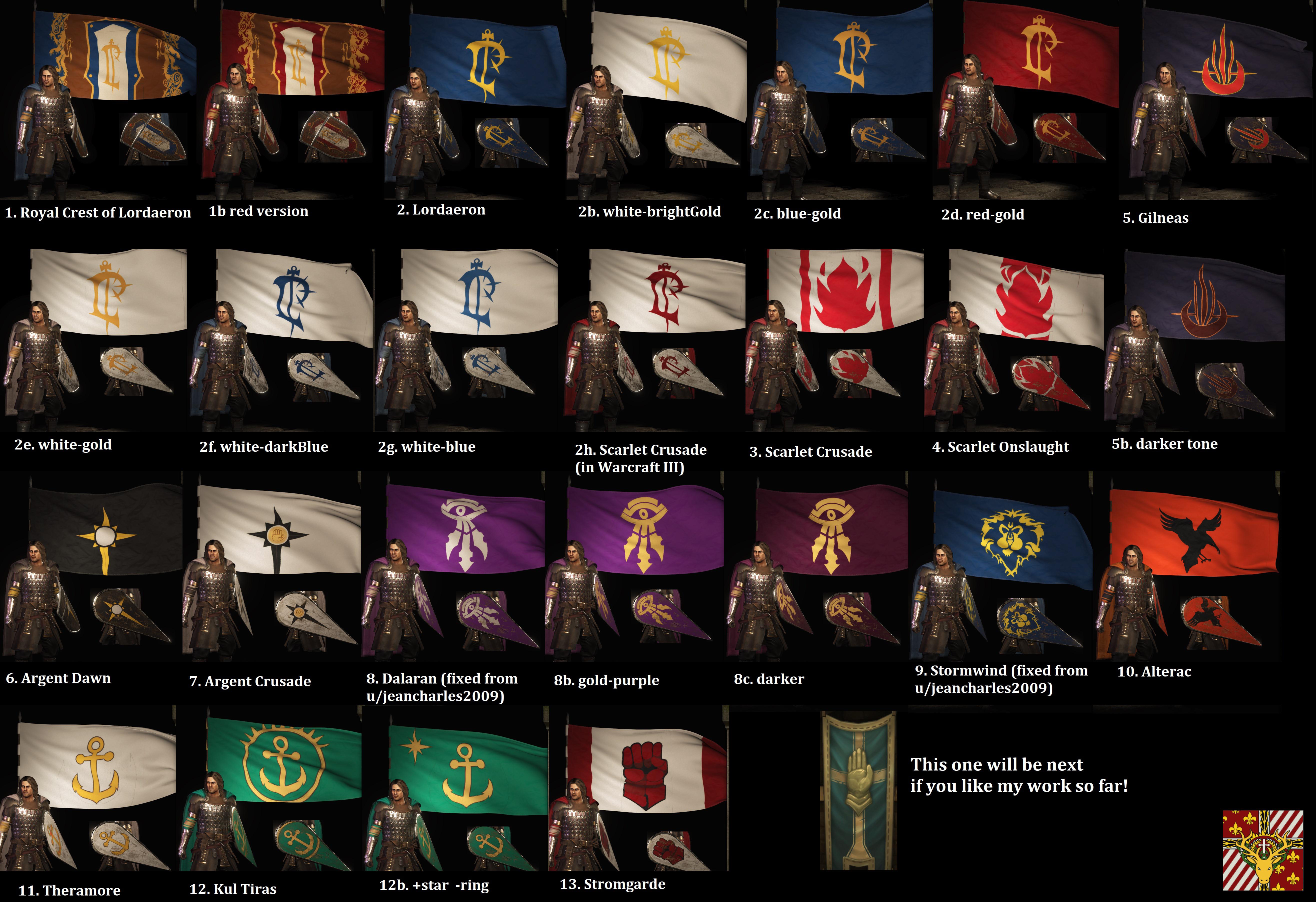 25 banners from Warcraft human kingdoms and factions. 13 different