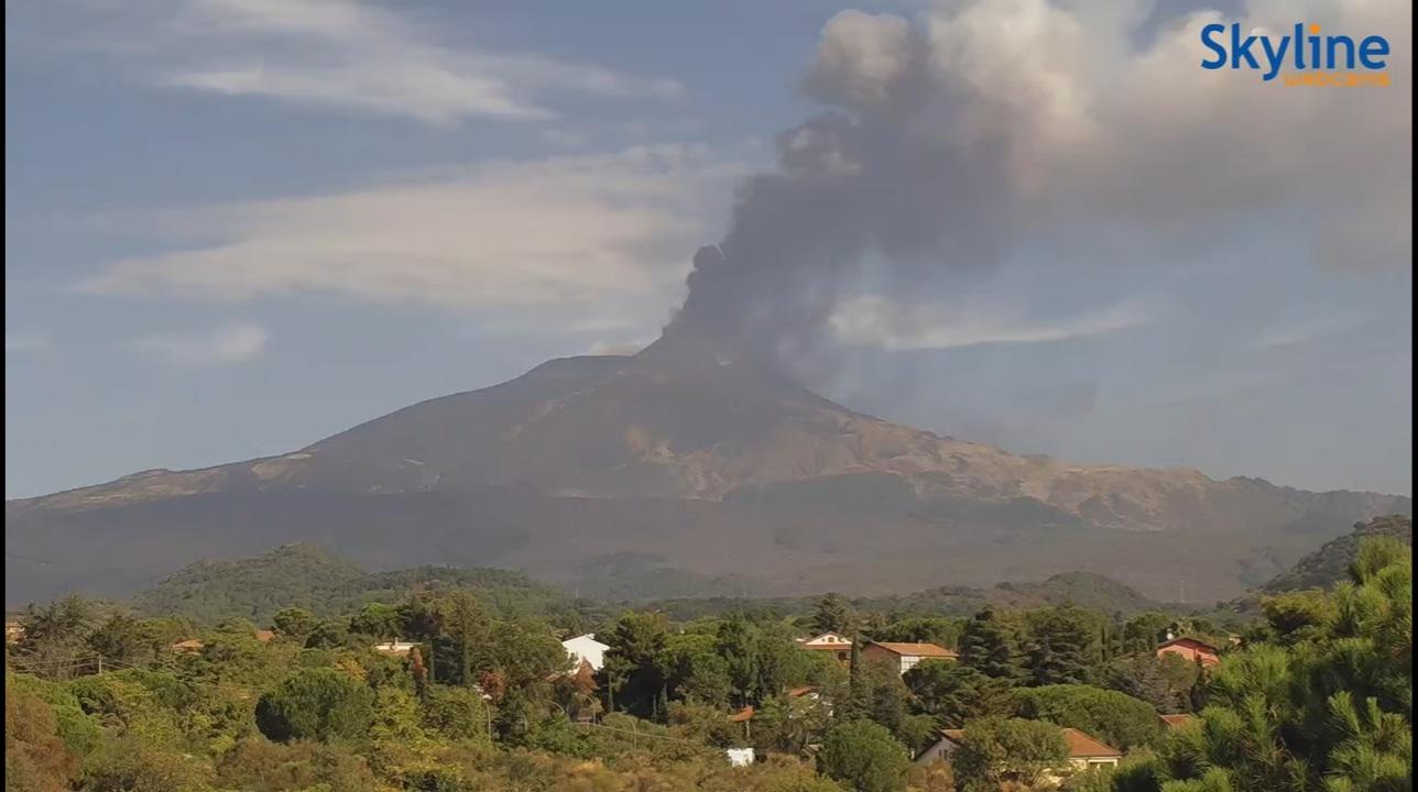 The eruption of Mount Etna volcano today in east coast of Sicily, Italy
