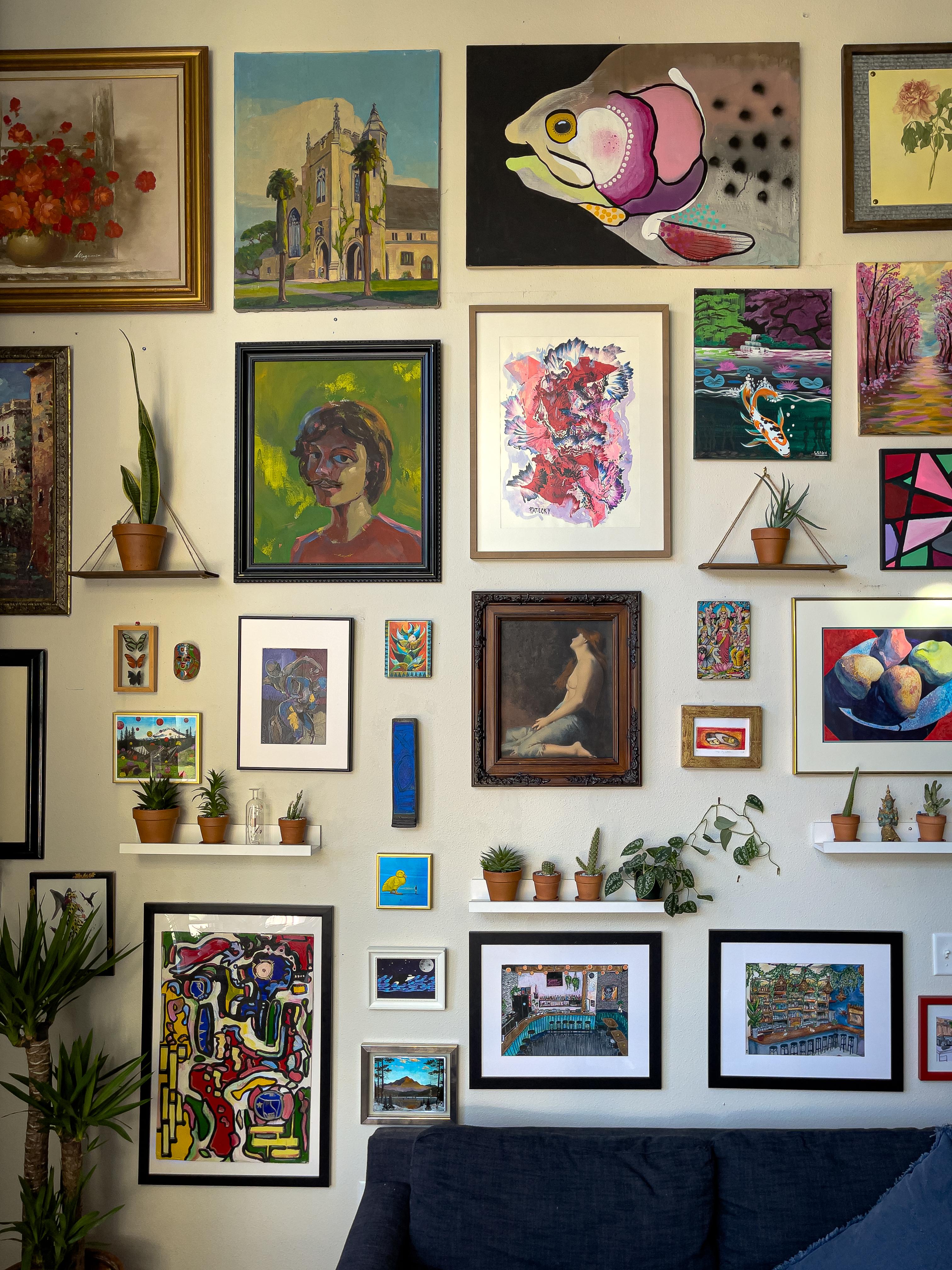 Finally finished art wall project mix med', originals, prints, plants