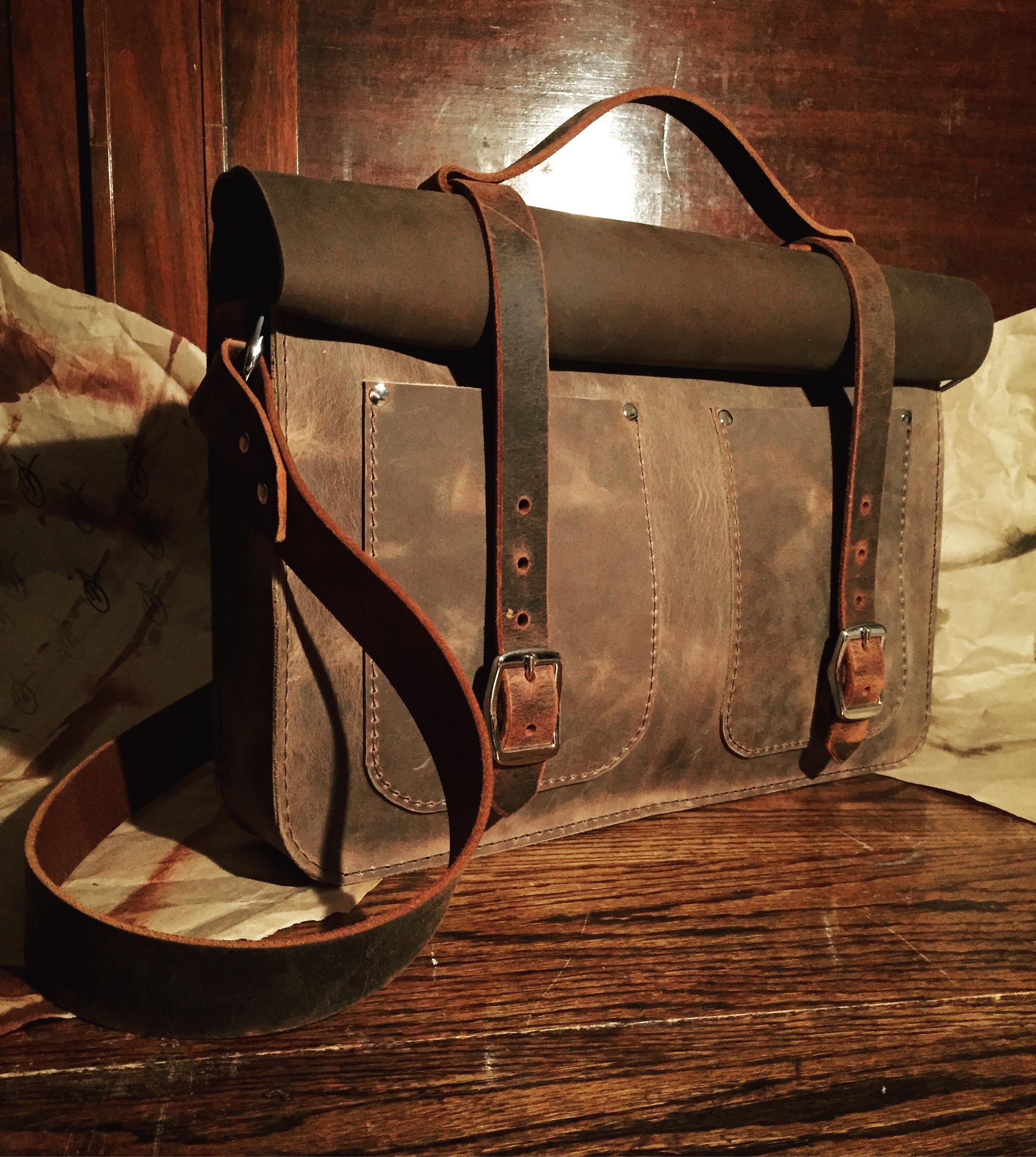Here is our most recent messenger bag made from Auburn leather as well