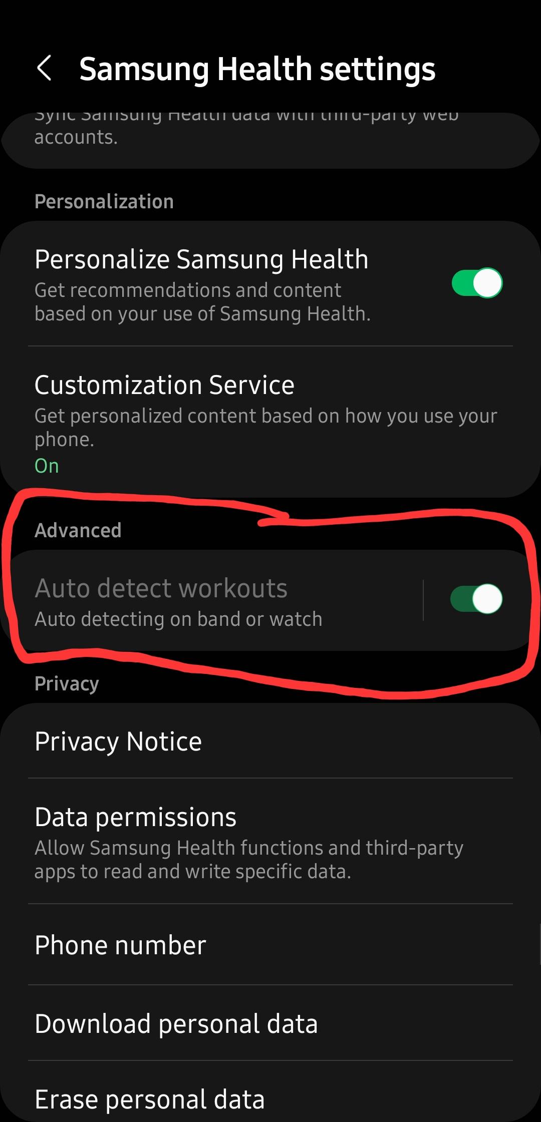 Auto detect workout option in the Samsung Health is greyed out. why