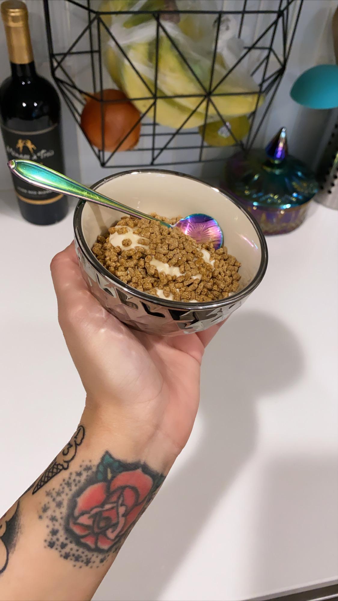 Silk Unsweetened Vanilla Almond Milk yogurt, AllBran Buds and Agave