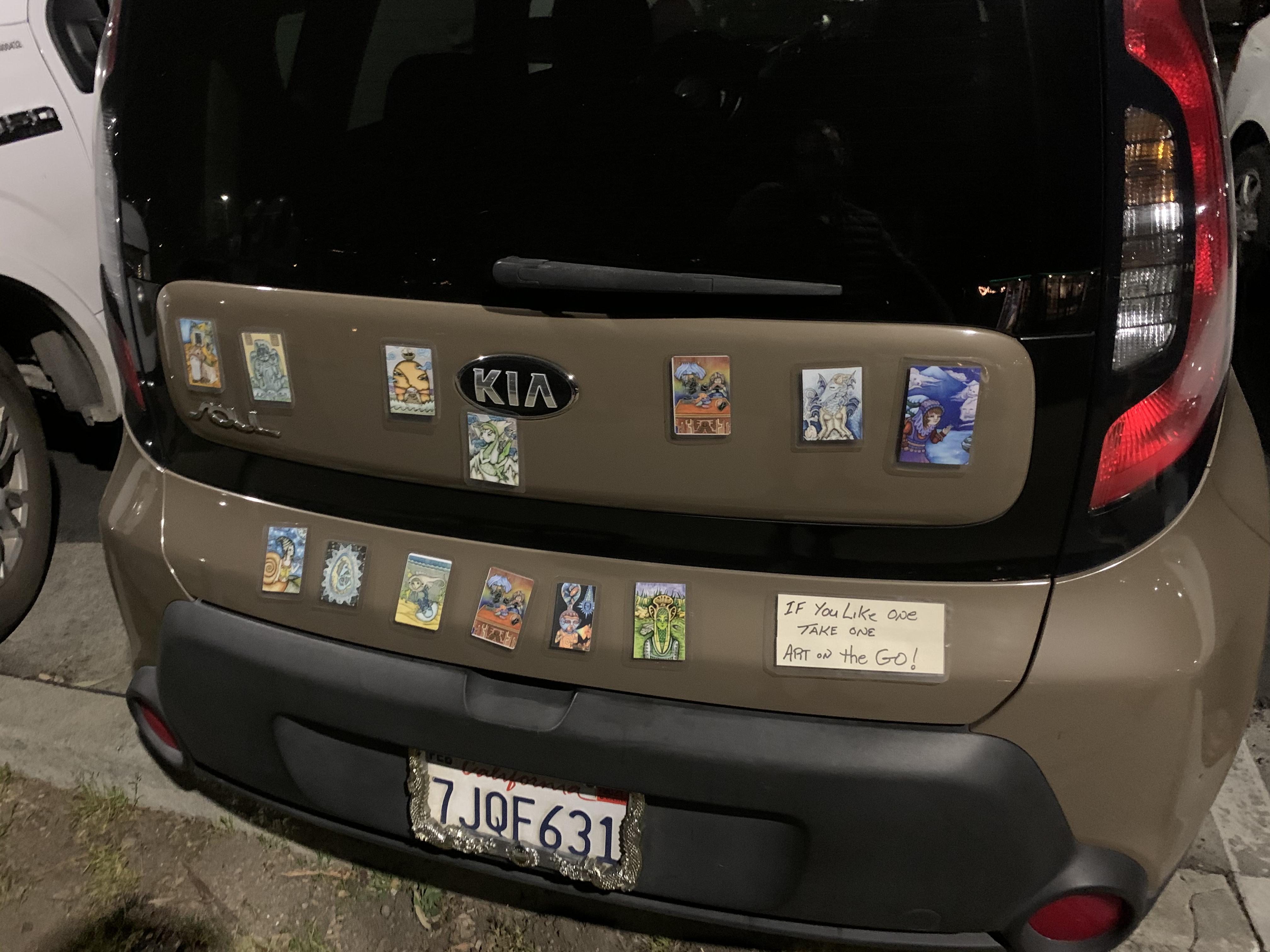 Artist has free stuck to car and a sign “feel free to take one” Santa Cruz, CA r