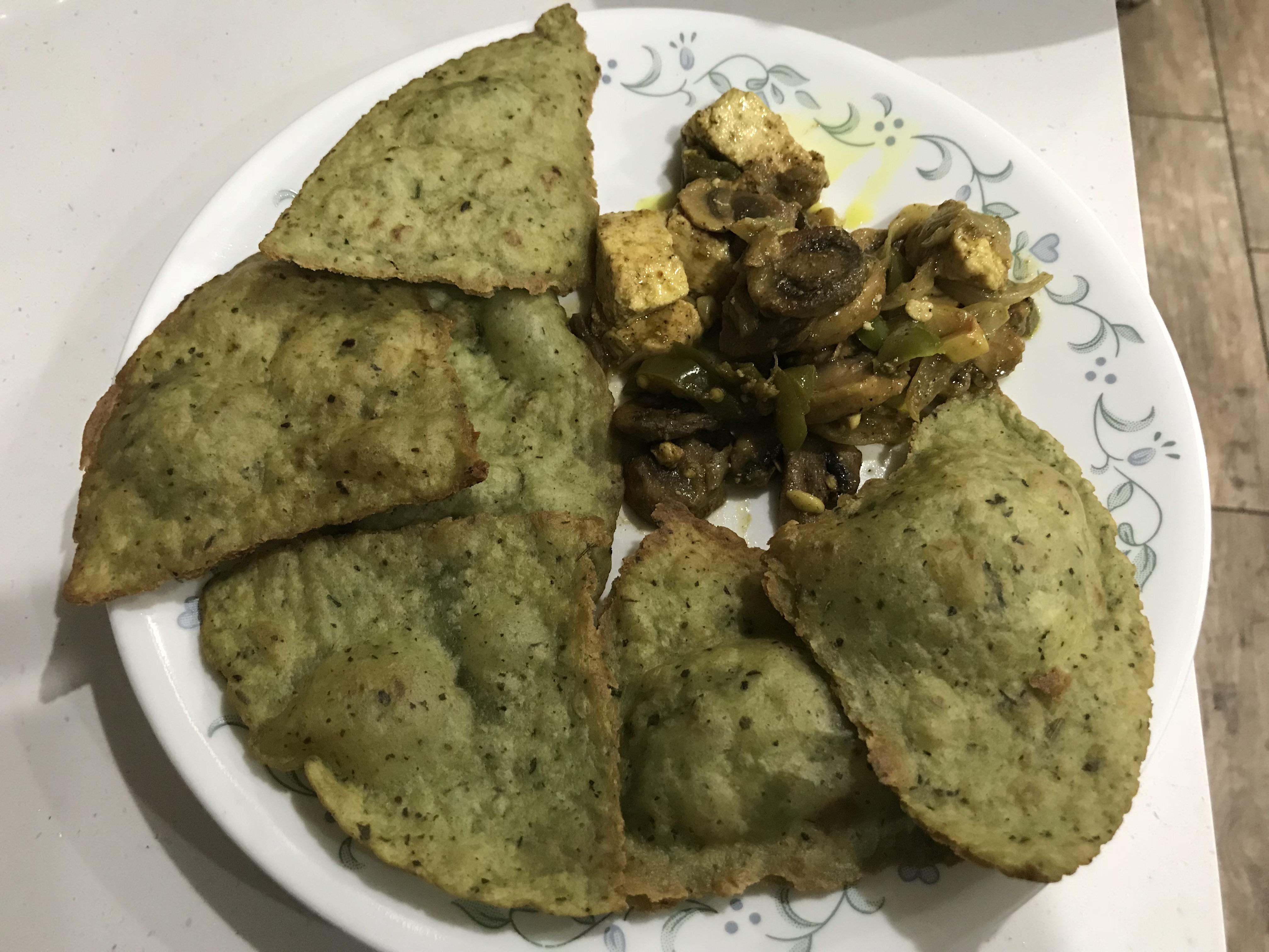 Fried low carb tortilla chips and mushroom paneer chili r/vegetarianketo
