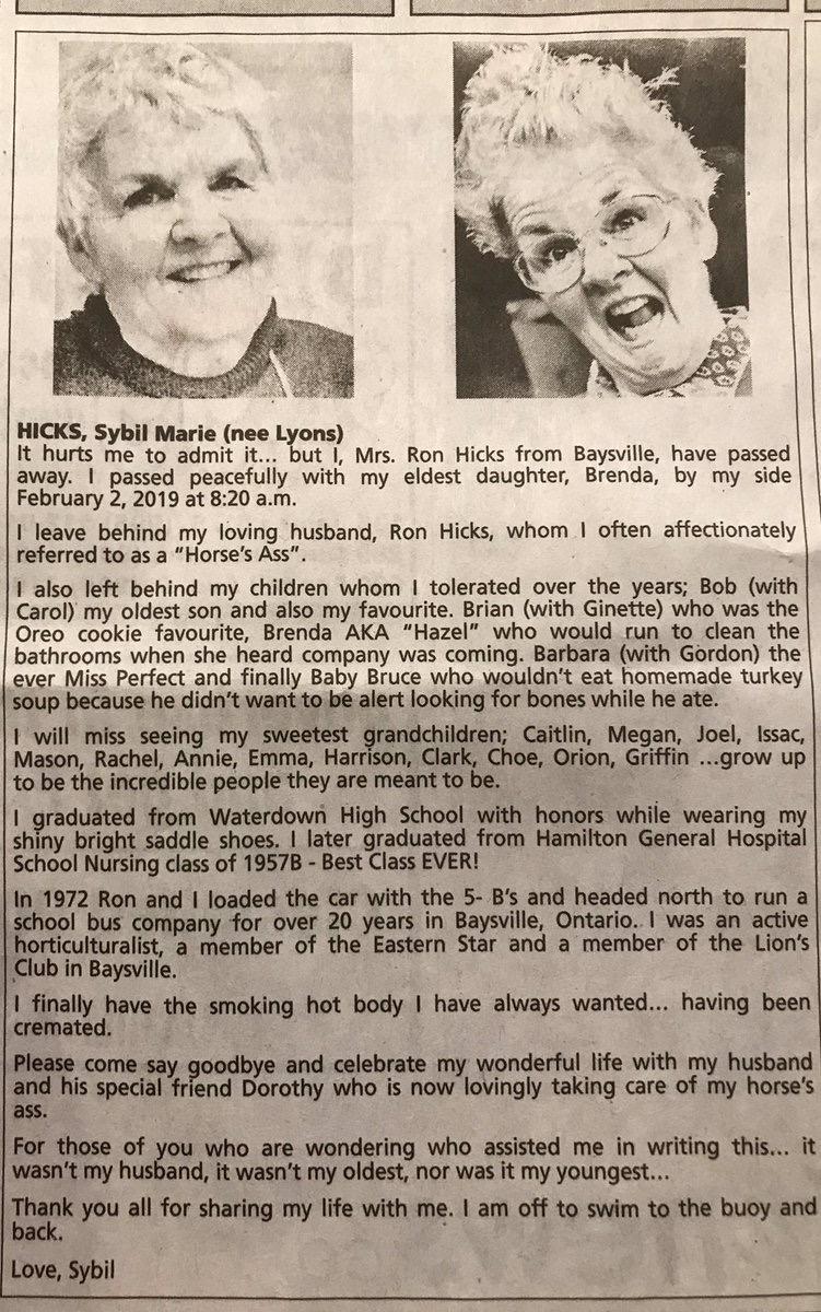 One of our own This woman's obituary (Hamilton Spectator) proves that in death, she is funnier