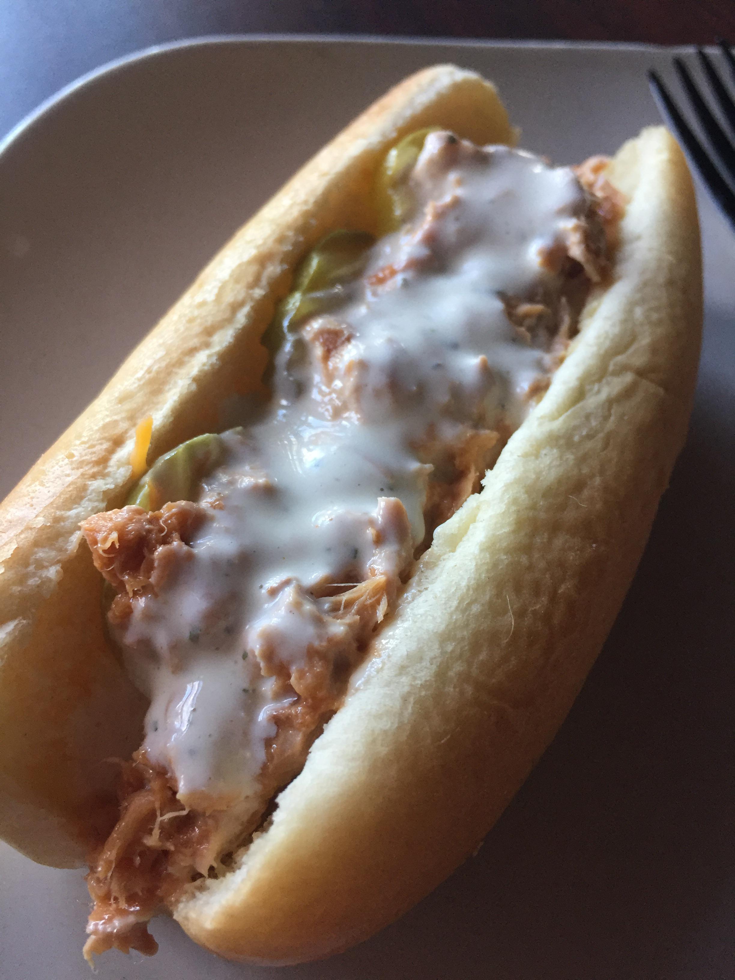 Bumble bee tuna, ranch, cheddar and pickles on a hotdog bun r