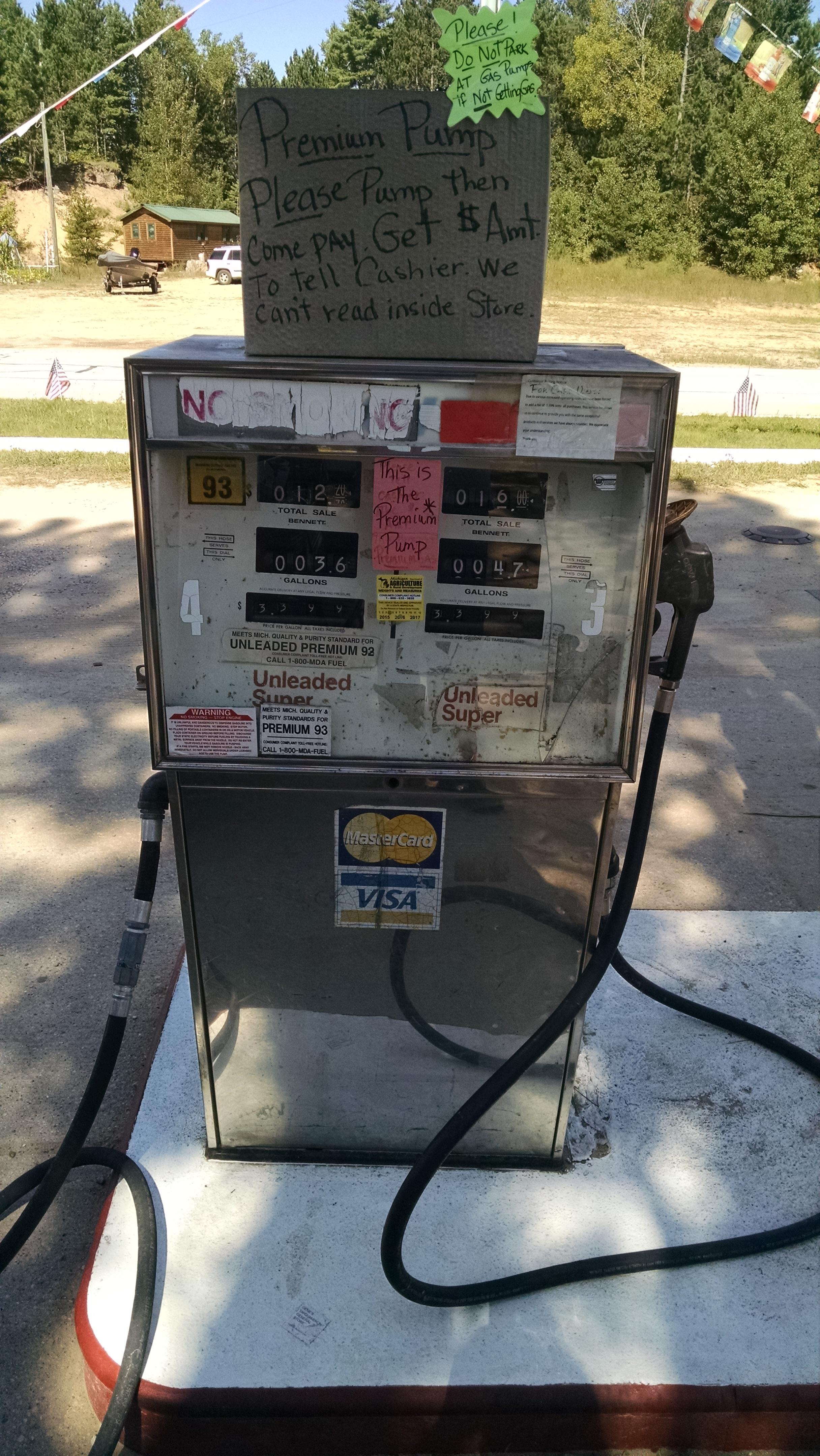 This gas pump, still in use at a rural "76" station in the Upper