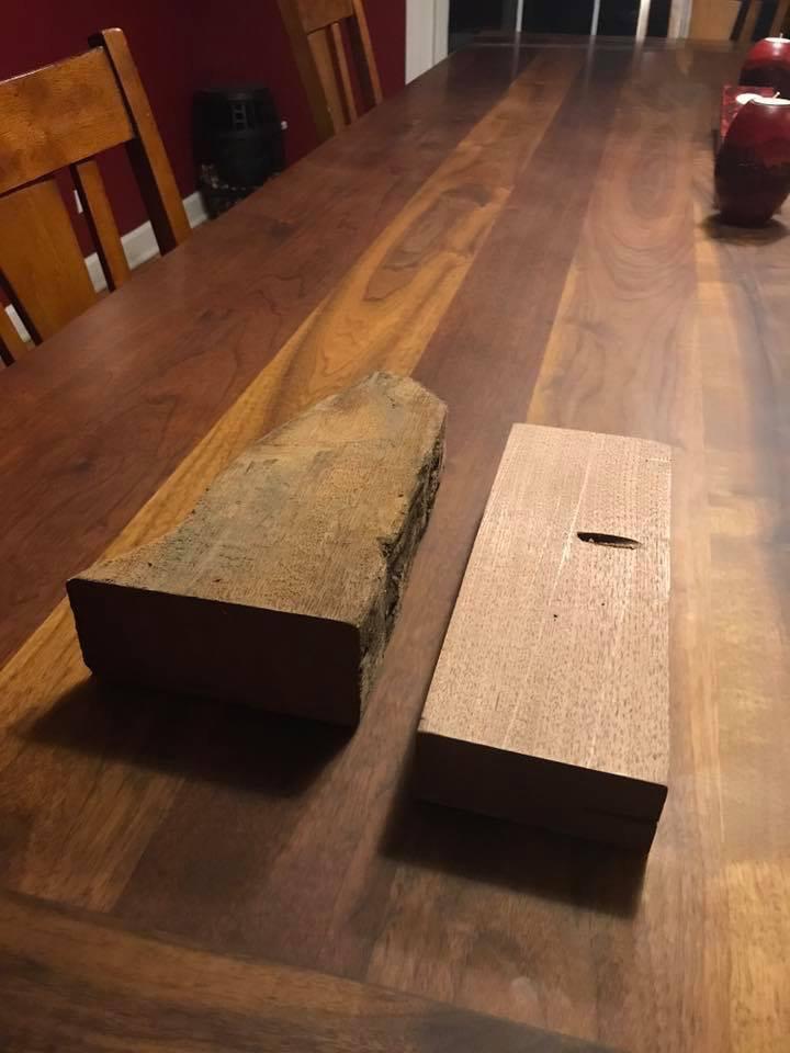 Reclaimed walnut table. Before, after planing, and final product. r