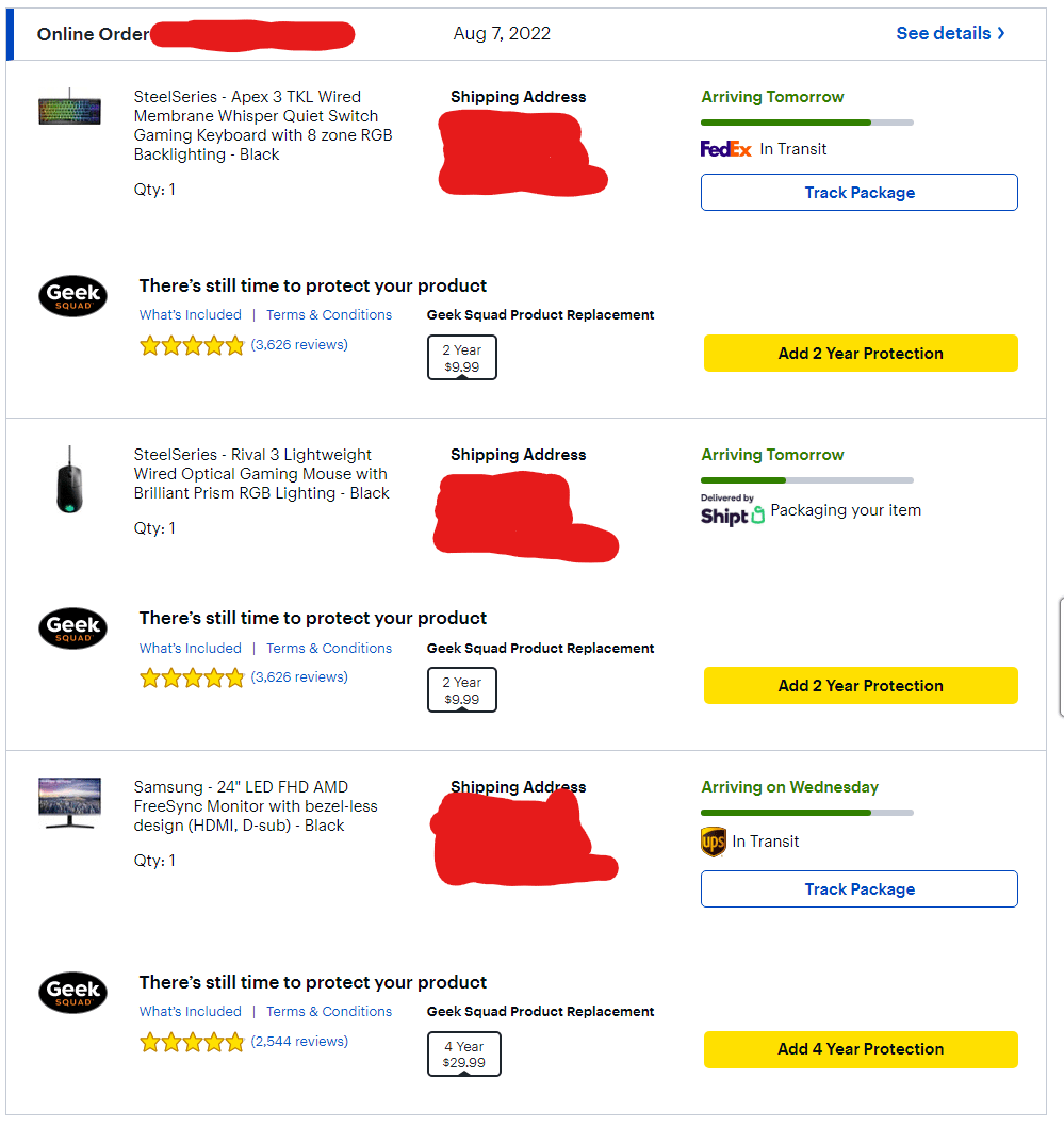 Placed a 3 item order from Best Buy. All items are being delivered by