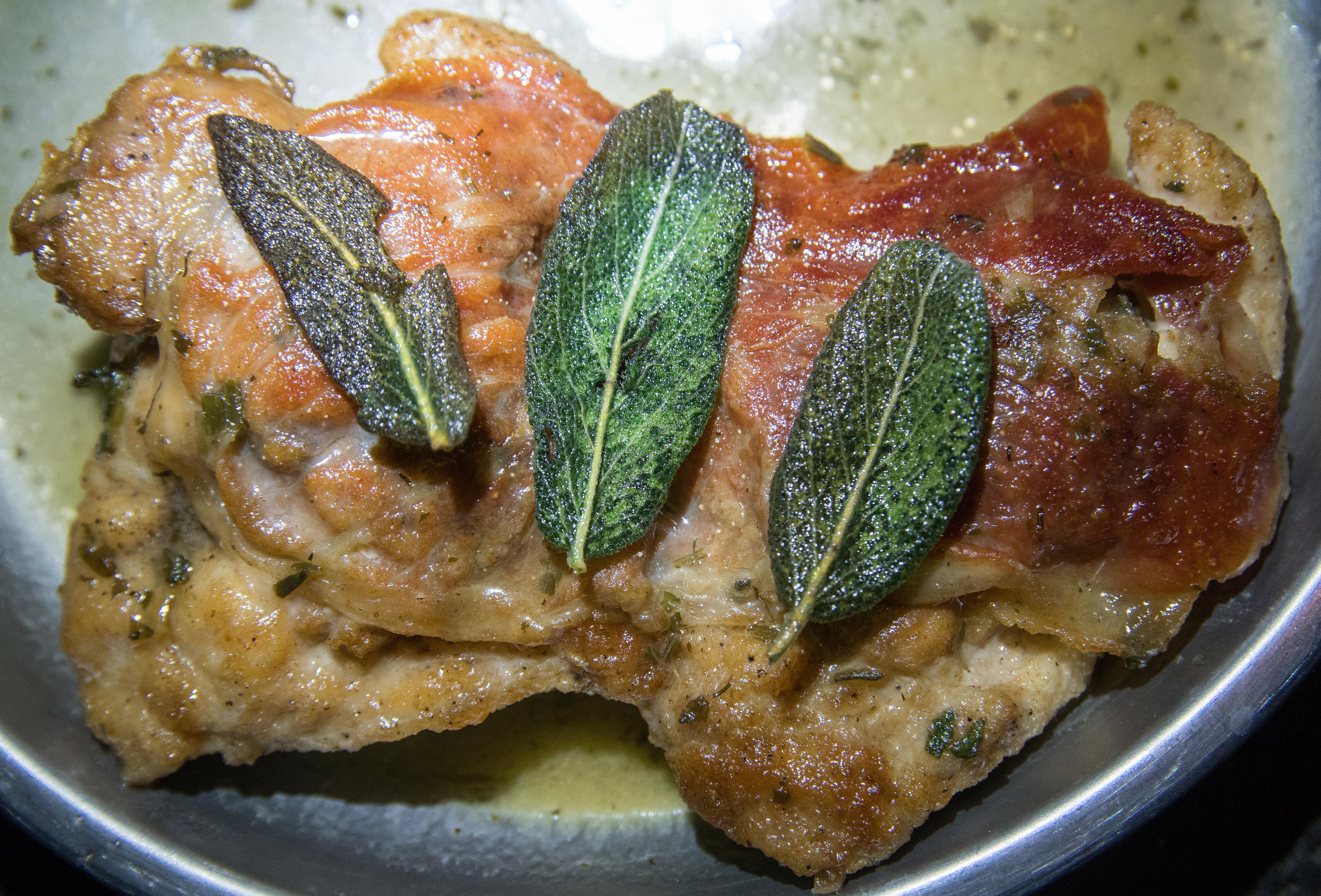 "Chicken Saltimbocca," aka prosciuttowrapped chicken with lemon/wine