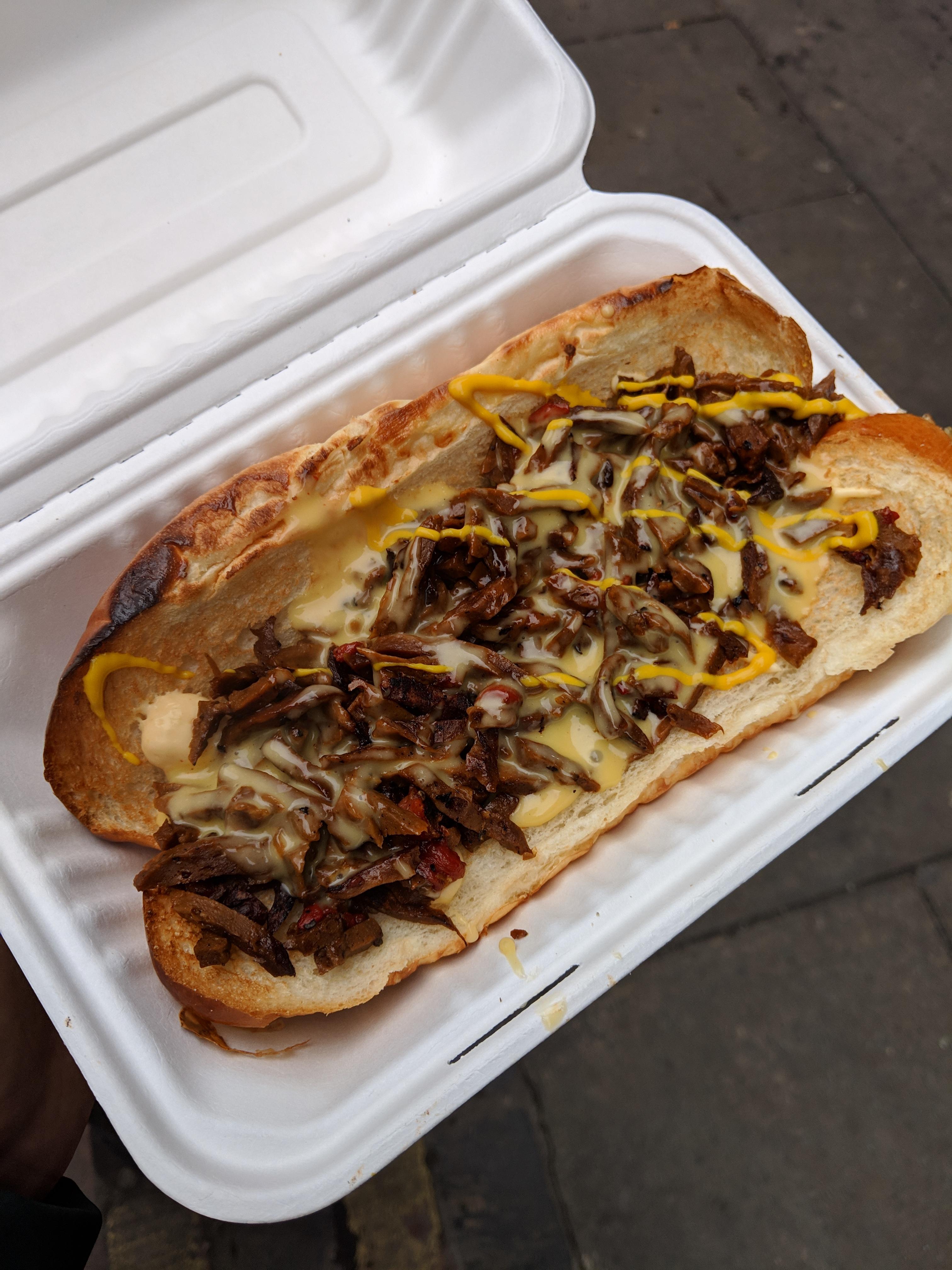 Seitan Philly Cheezesteak of Jake's Vegan Steaks at a vegan market in