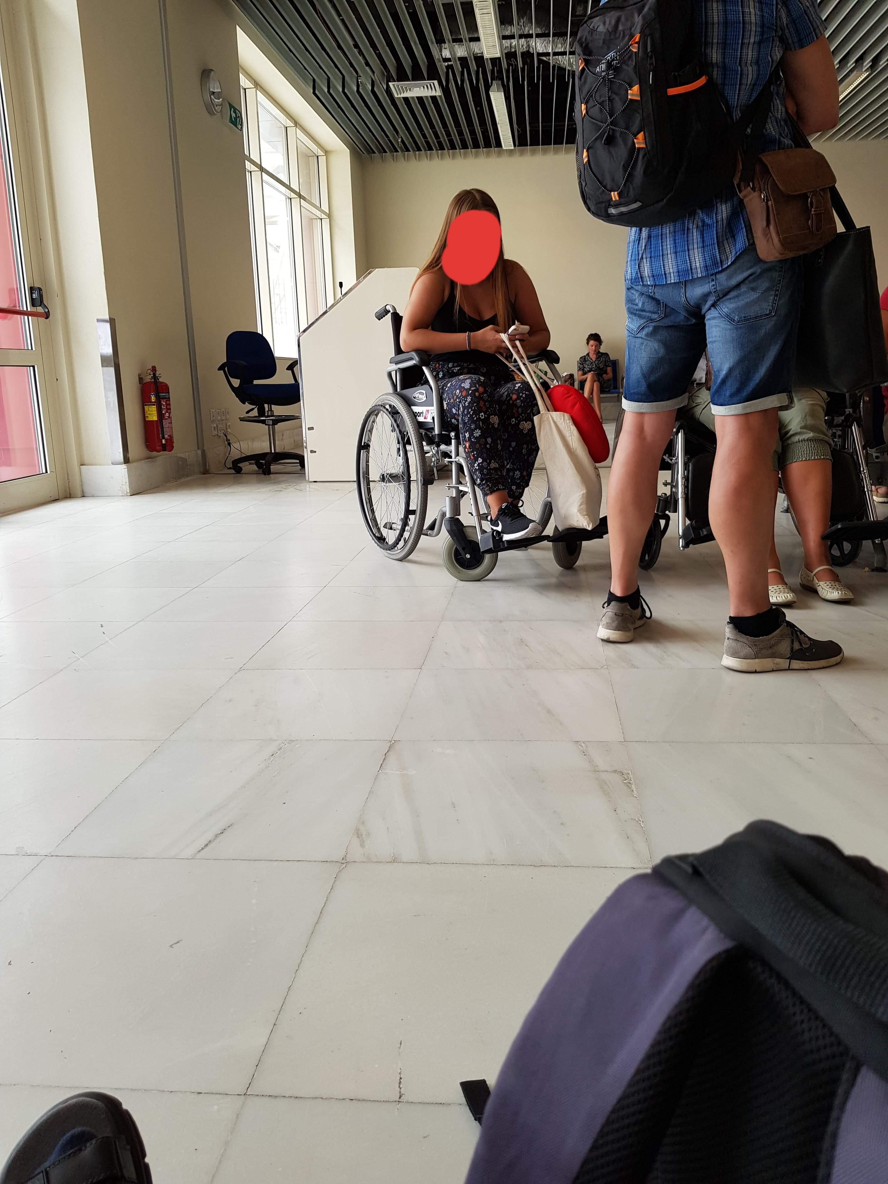 I was at the airport and my leg was in a cast. I had to use crutches