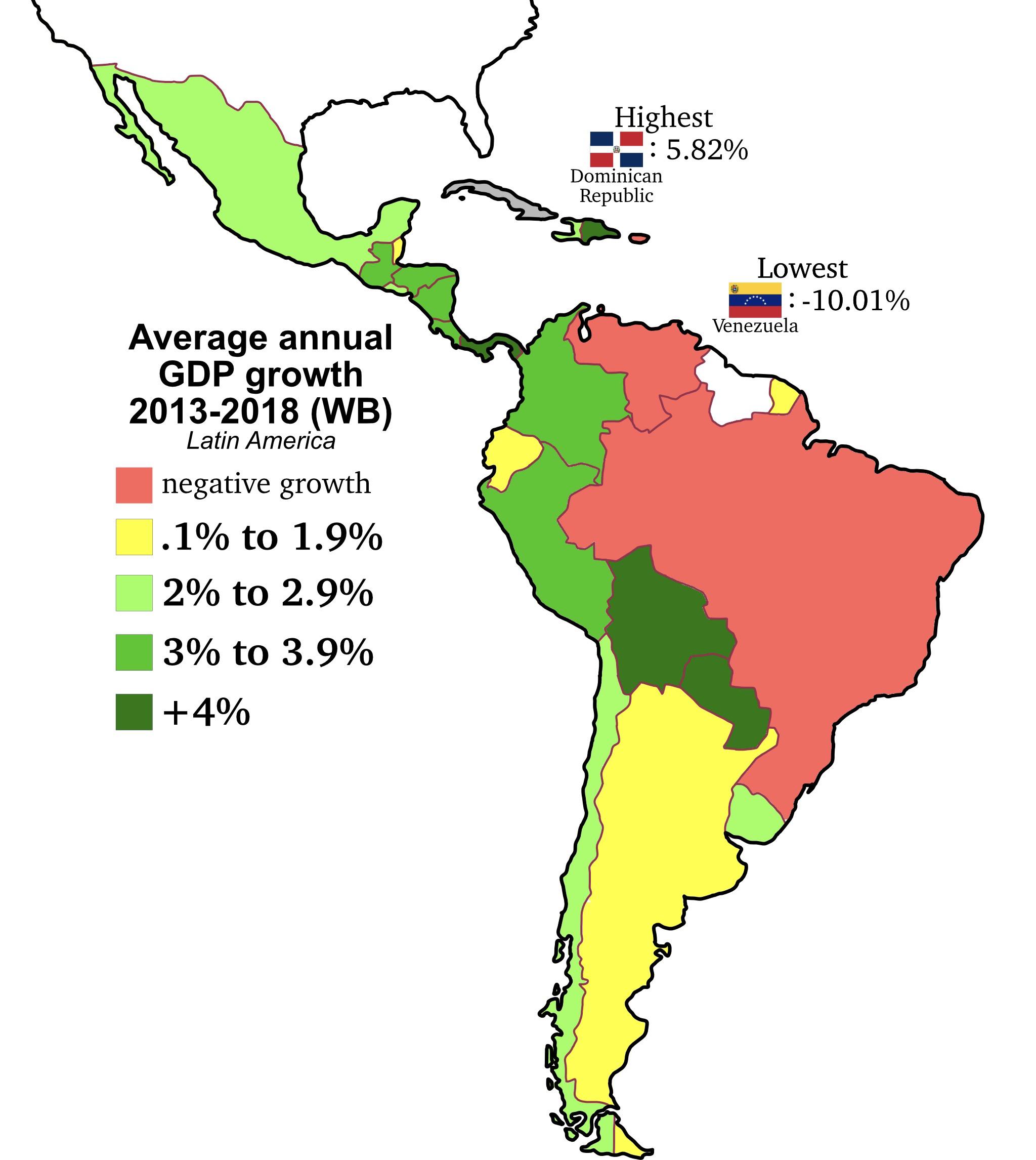 Economic growth by country in Latin America (2013 2018) r/MapPorn