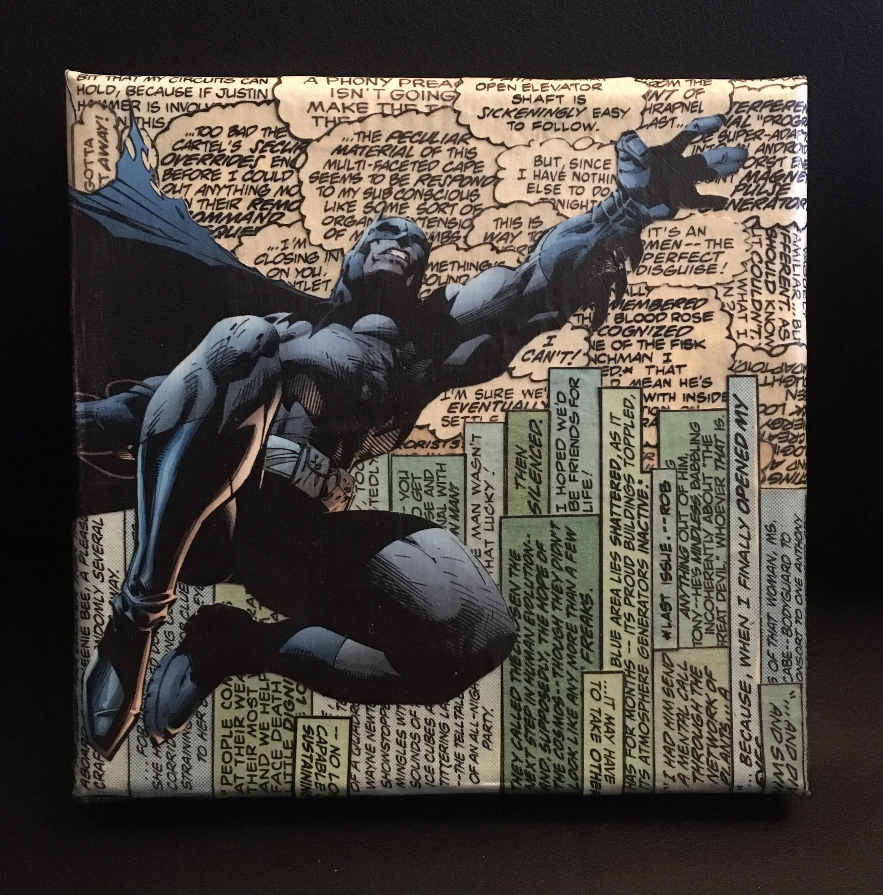 Batman on canvas made from recycled comics. (5in x 5in x 0.5in) r