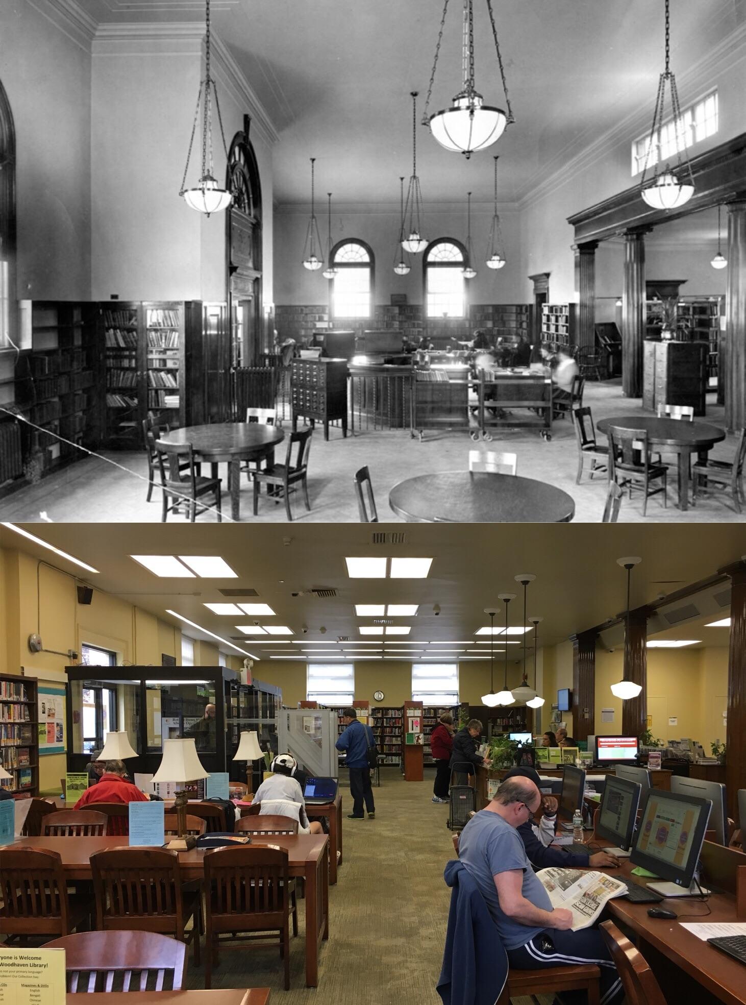 Woodhaven Branch of the Queens Borough Public Library in 1935 and now