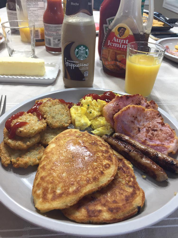 Labor Day morning breakfast. Pancakes, scrambled eggs, hashbrown