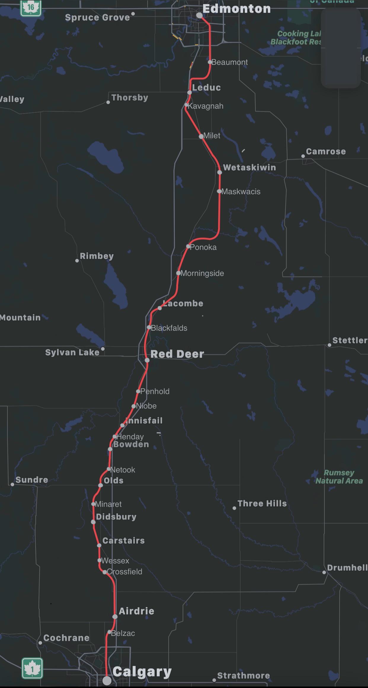 a hypothetical intercity passenger train route from Calgary to Edmonton