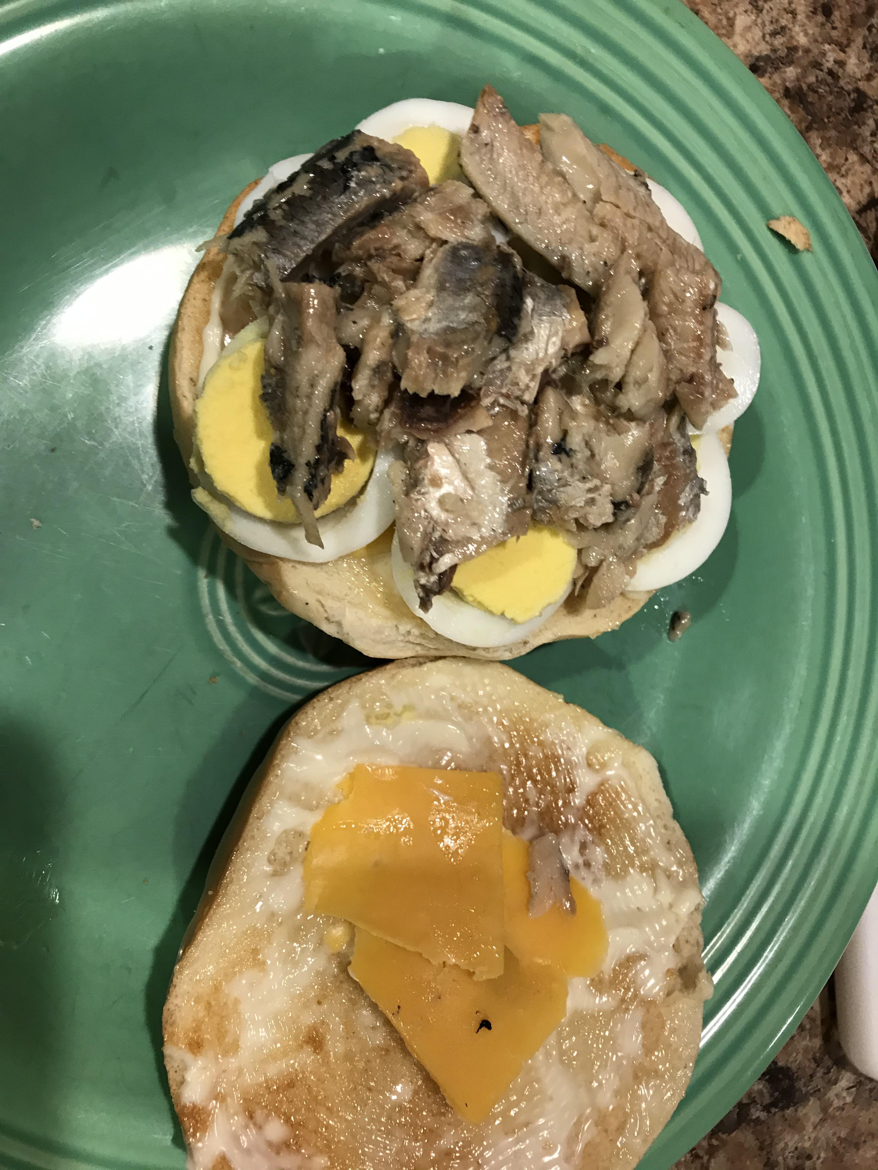 My sons favorite sandwichSardines, hard boiled eggs,cheese & Mayo on a