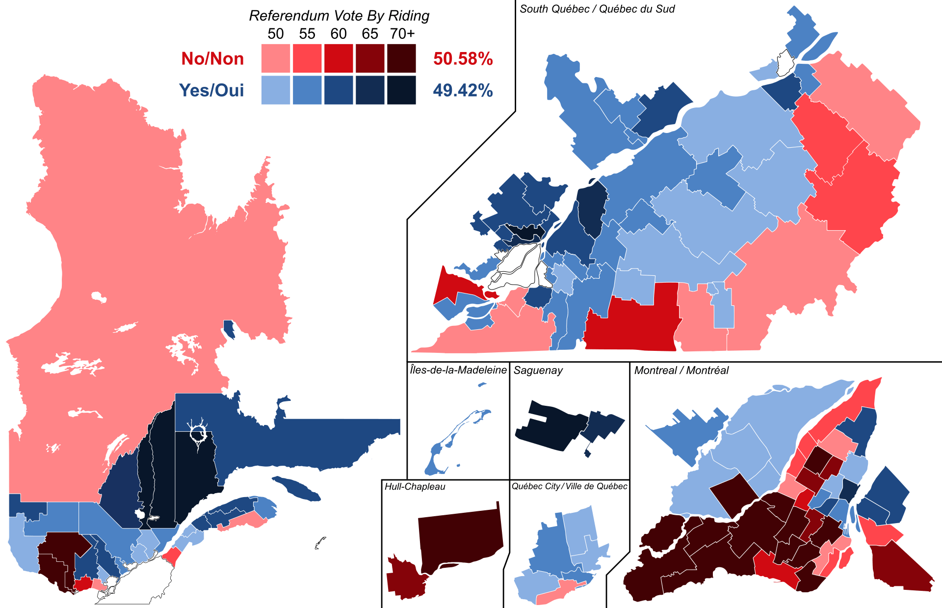 A map of the 1995 quebecer referendum on the sovereignty of Québec. The "oui" side lost by only