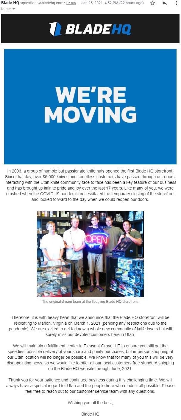 BHQ storefront is leaving Utah. r/knives