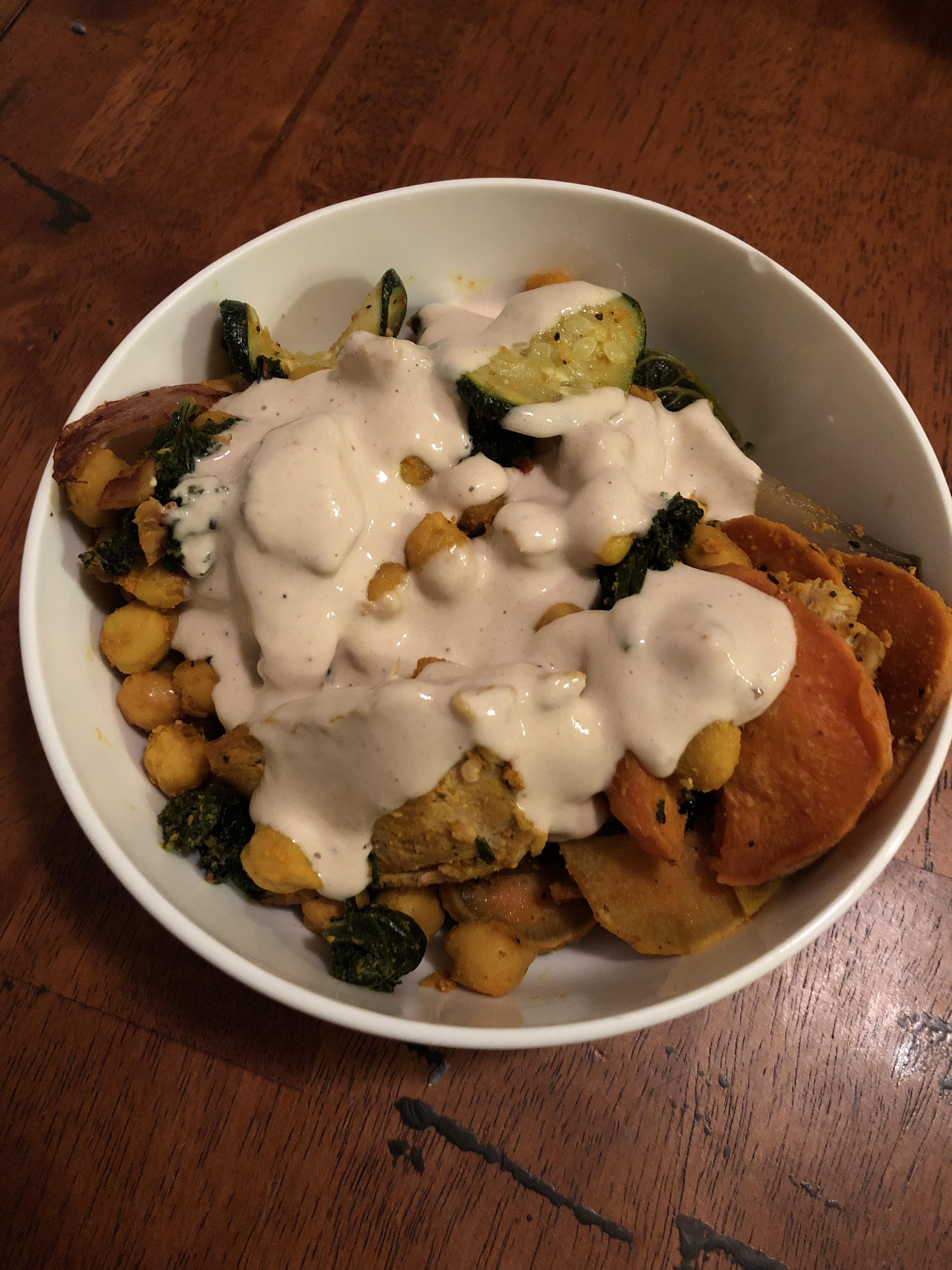 [homemade] roasted chickpeas, zucchini, yams, red onion, steamed kale