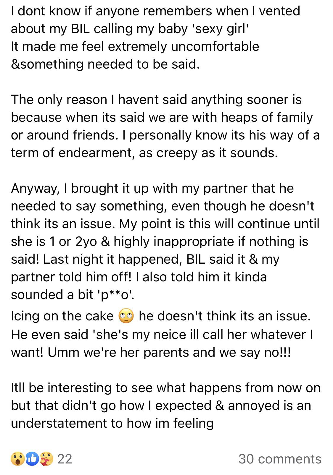 Uncle calling 6 month old baby “sexy girl” as “term of endearment” r