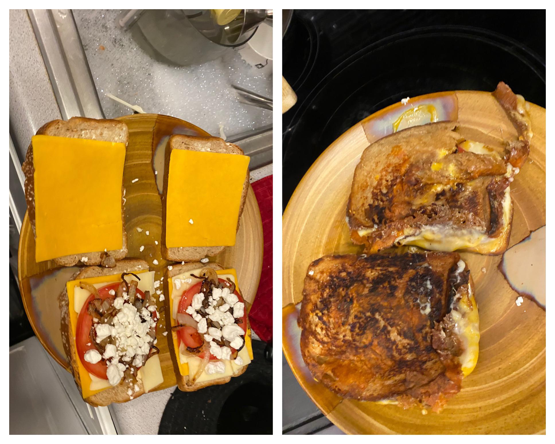 Sharp cheddar, Monterey Jack, goat cheese crumbles, grilled onions, and