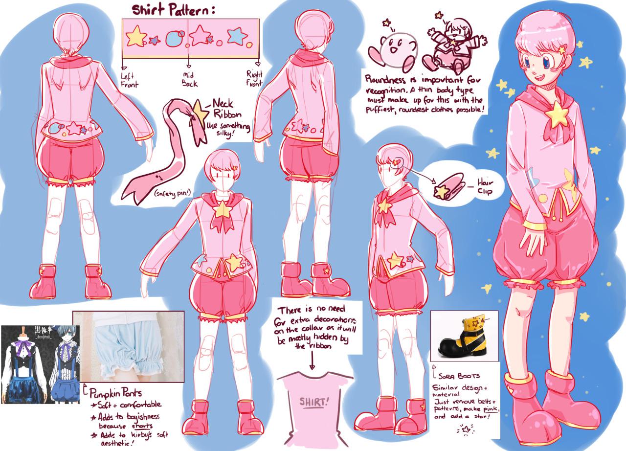 Reference sheet of a Kirby gijinka design that I’ll cosplay soon! Drawn