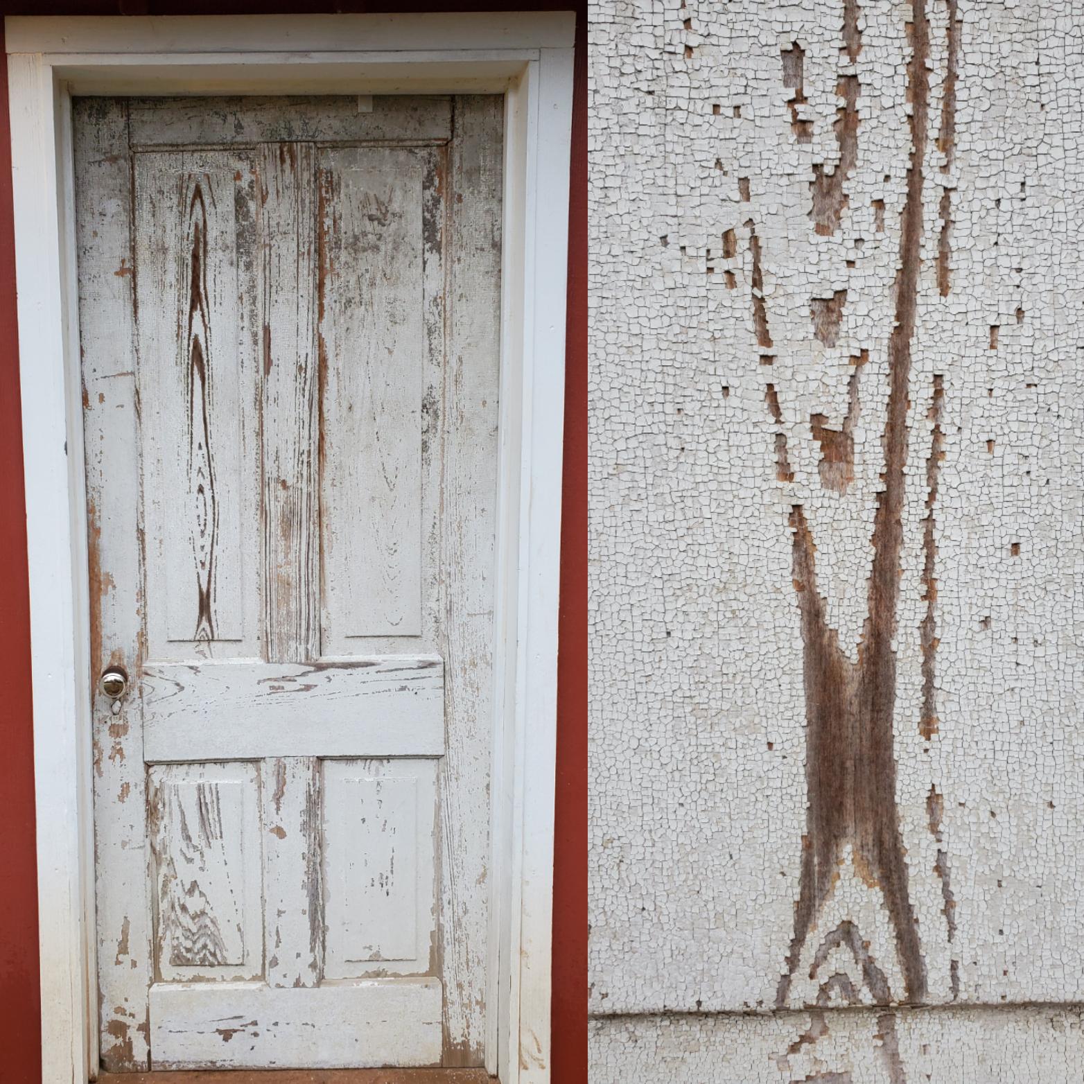 The way the paint has chipped off in the pattern of the wood grain of