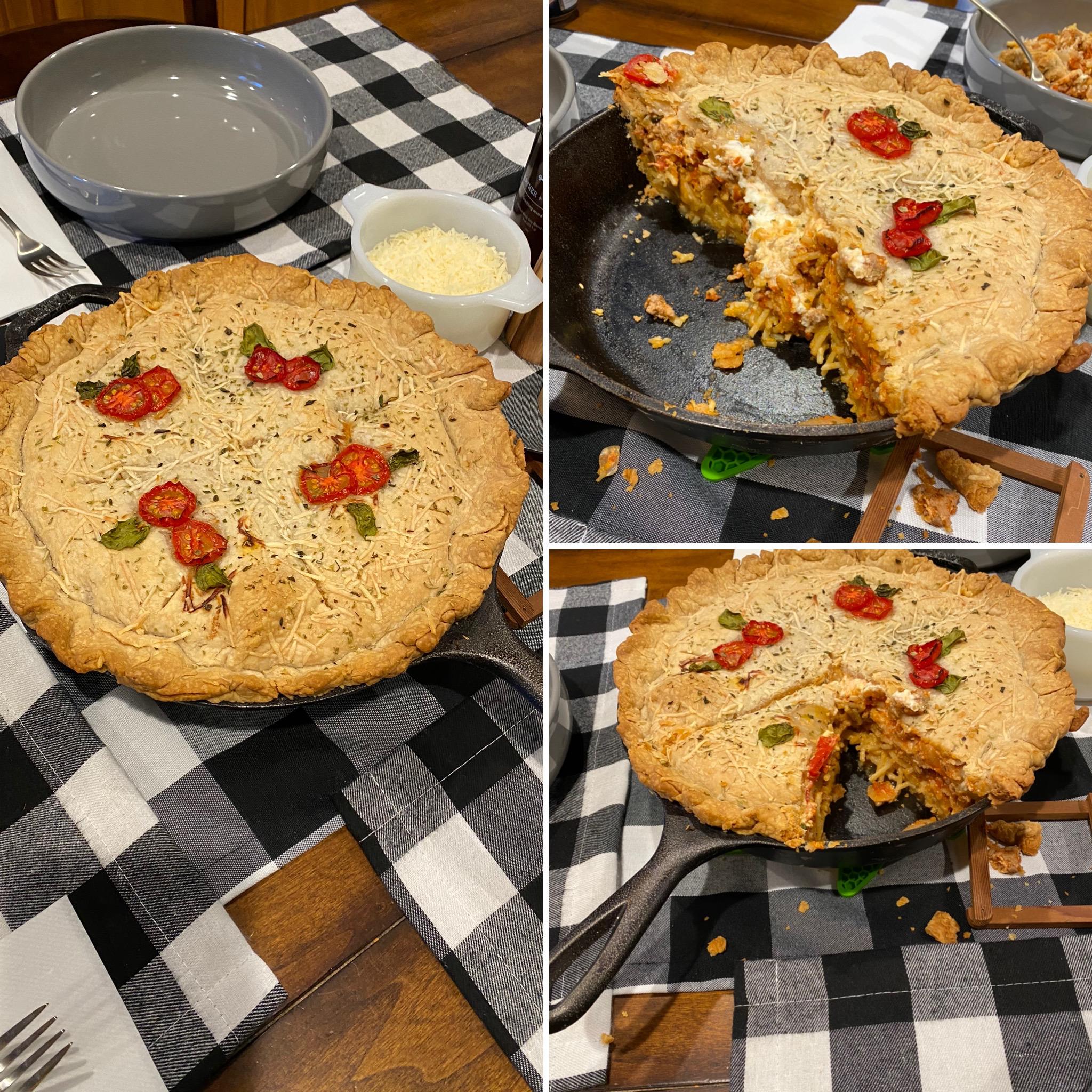 Wife Made Cast Iron Skillet Spaghetti Pie w/Parmesan & Oregano Crust