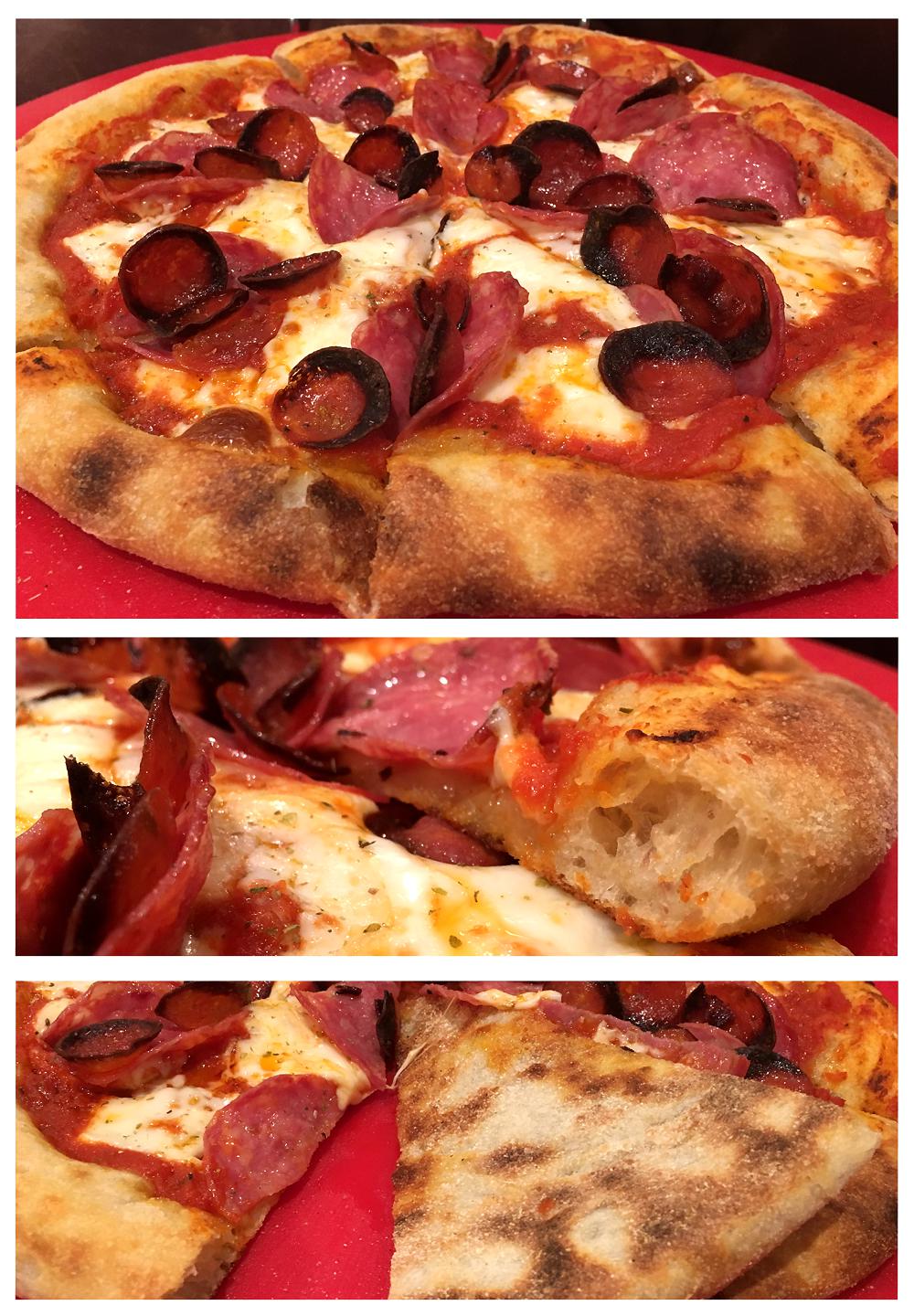 [Homemade] Natural cased pepperoni & salami on a sourdough crust. In