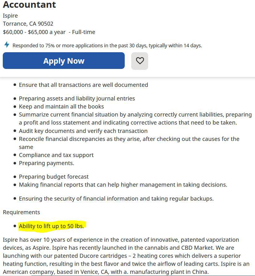 Why is "ability to lift 50lbs" a requirement for an accounting job? r