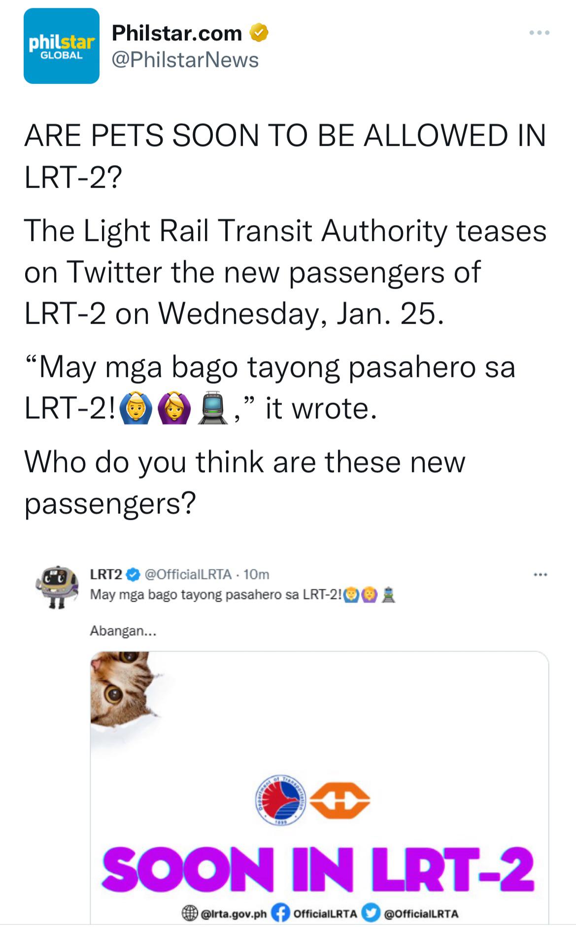 News Pets might be allowed in LRT2 r/Philippines