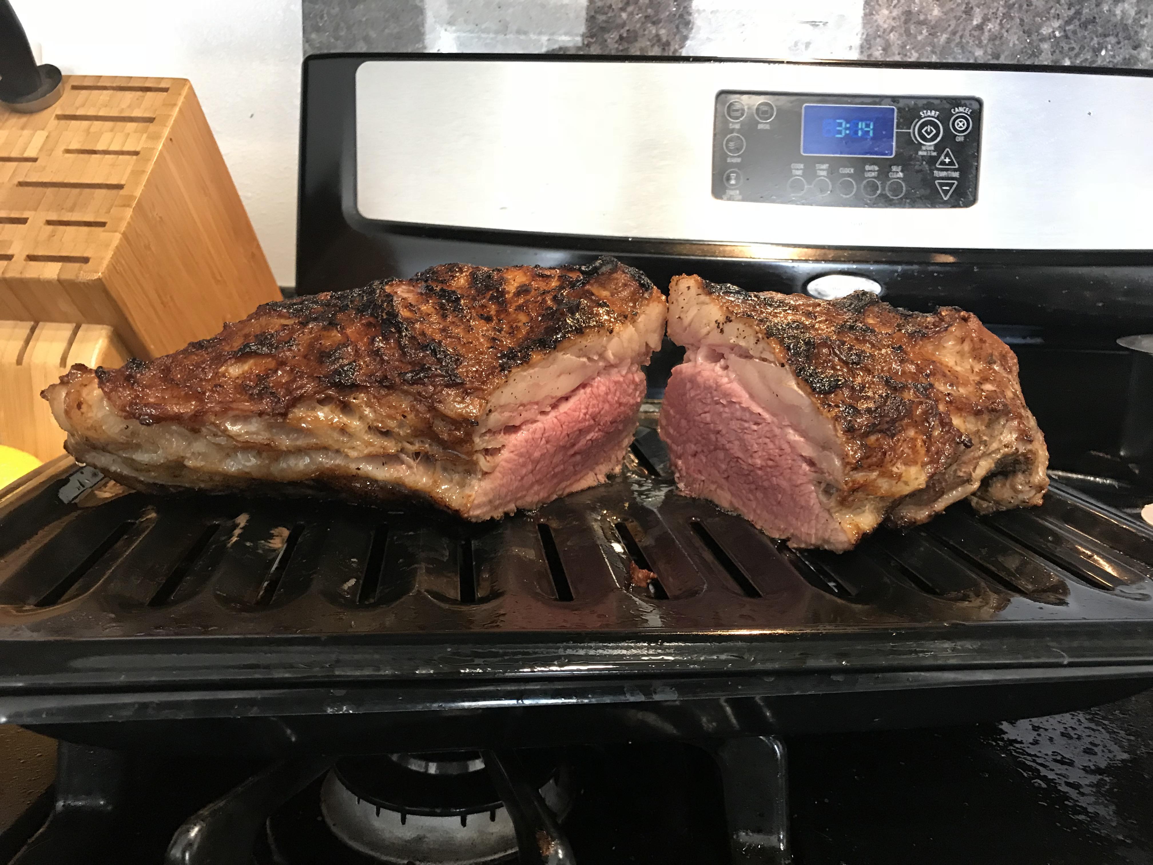 Tri tip untrimmed [7 hours at 128*] searzall meat side, broiled fat