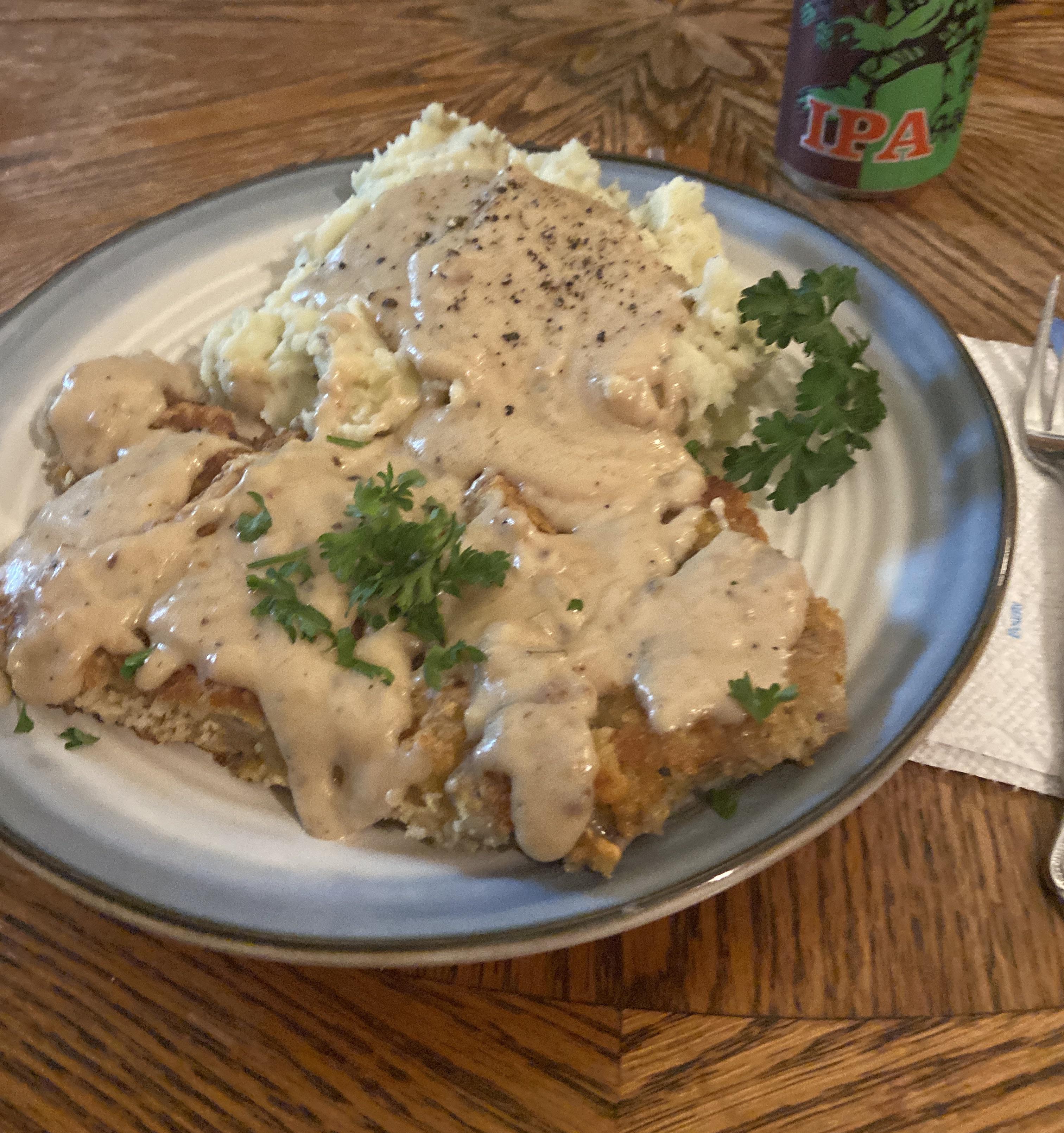 Chicken Fried Ribeye with Rosemary Mashed Taters and gravy made from