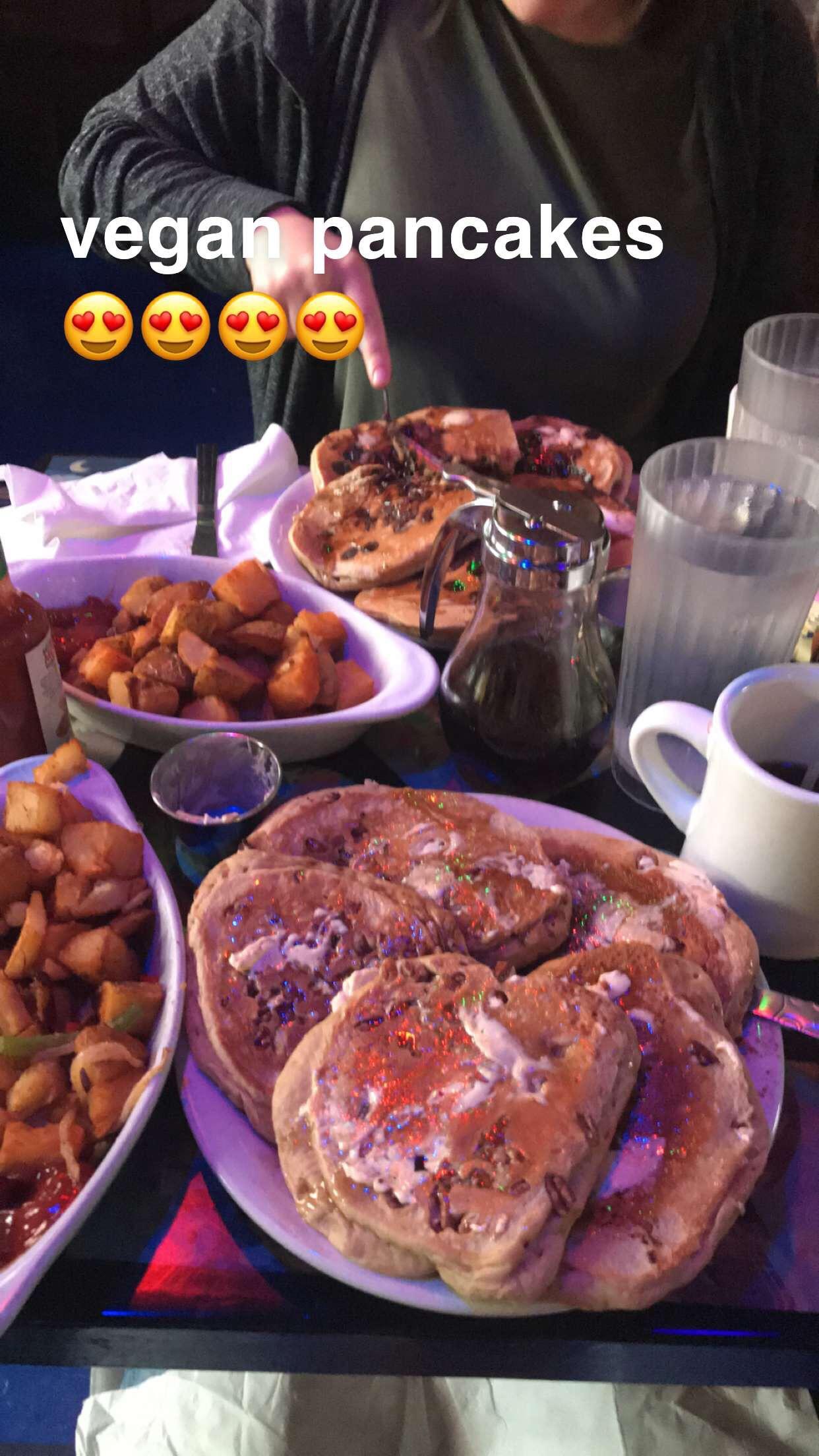 Huge serving of vegan pancakes at Pick Me Up cafe in Wrigleyville