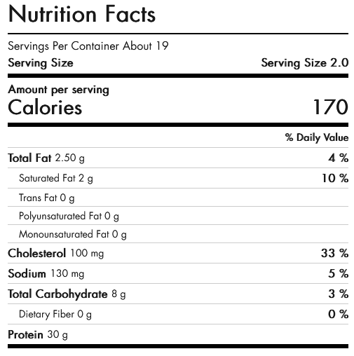Food Lion's whey powder sells at 20/e, making it have 28.5 grams of